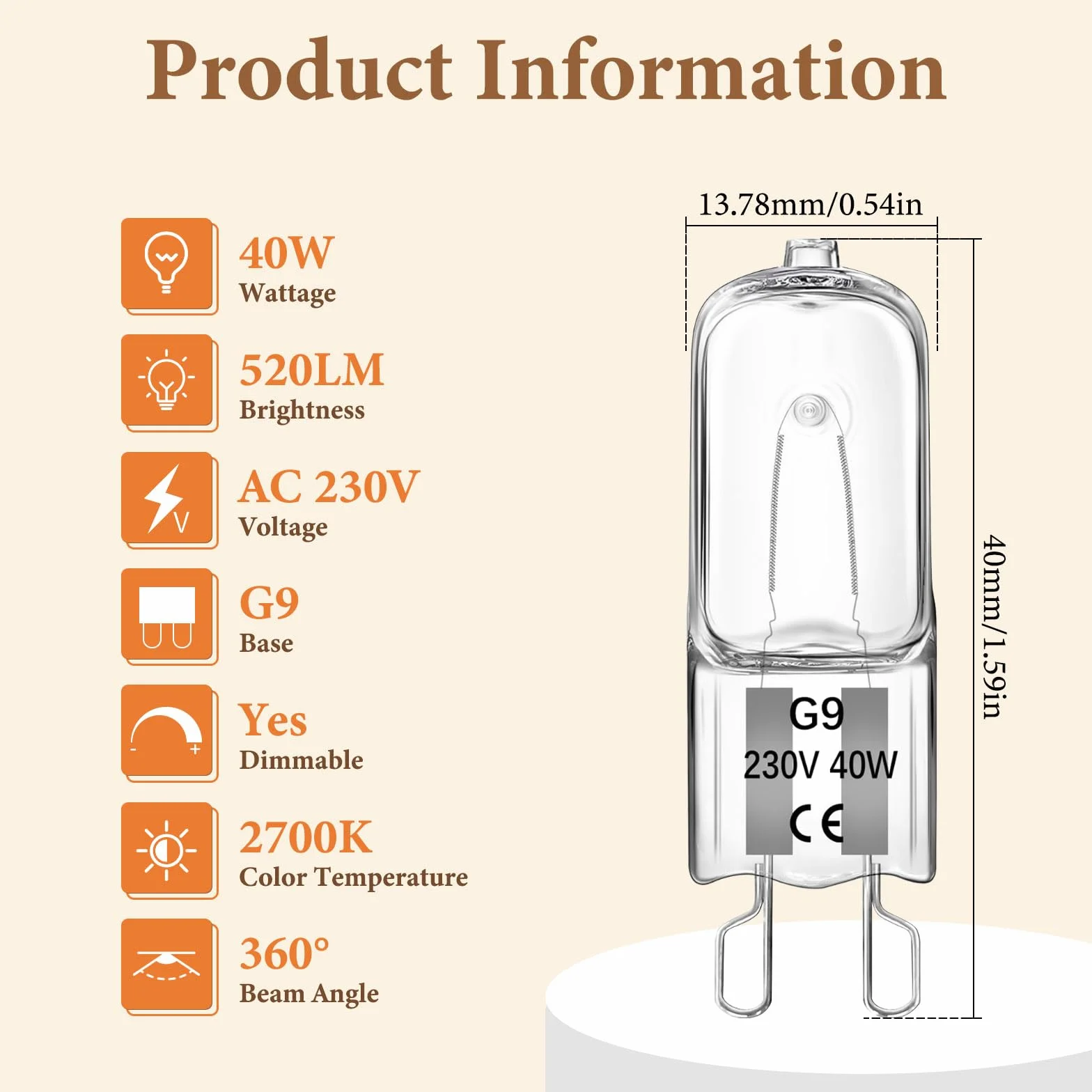 Żarówki halogenowe G9 40W ściemnialne 300°C 2700K ciepła biel 520lm do piekarnika