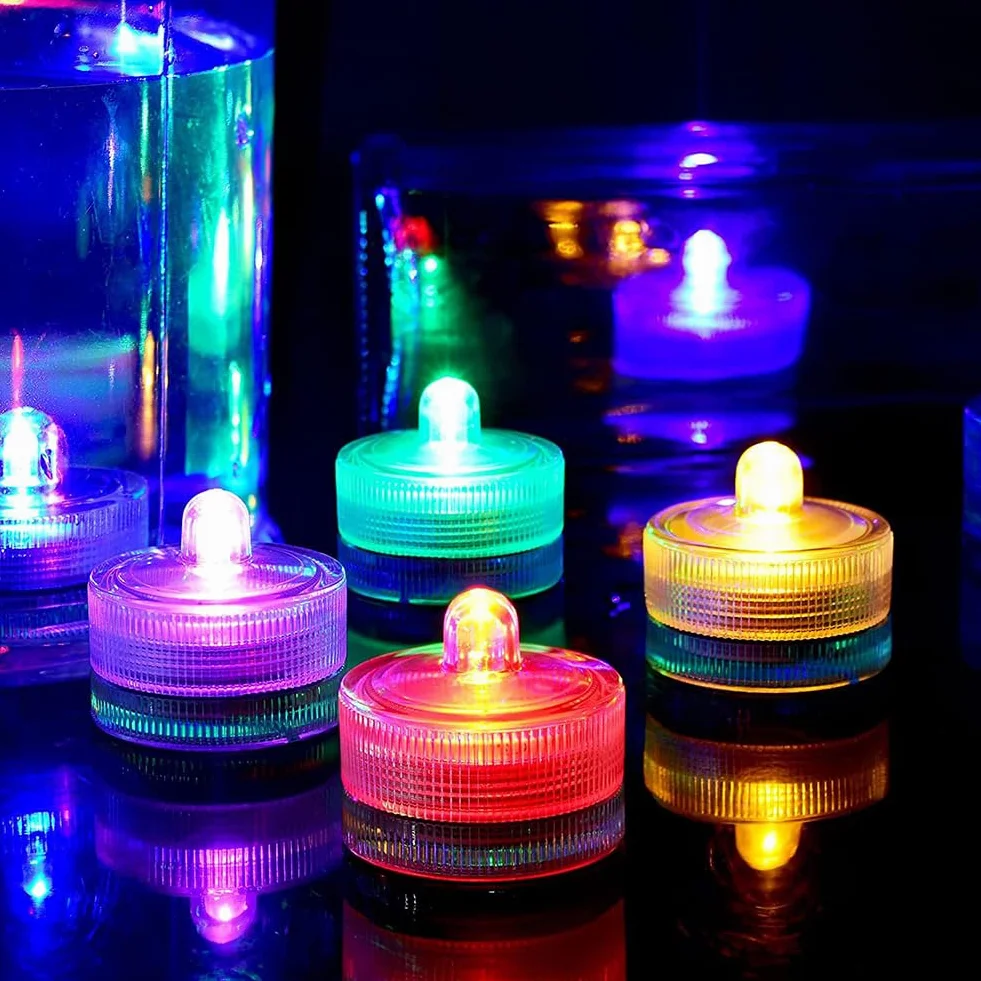 Zatapialne mini lampki LED, 12 sztuk mini świec zatapialnych LED, wodoszczelność IP68, możliwość wymiany wielu kolorów, wodoszczelność na baterie, do stawu, na imprezę, wesele, basen, do ogrodu