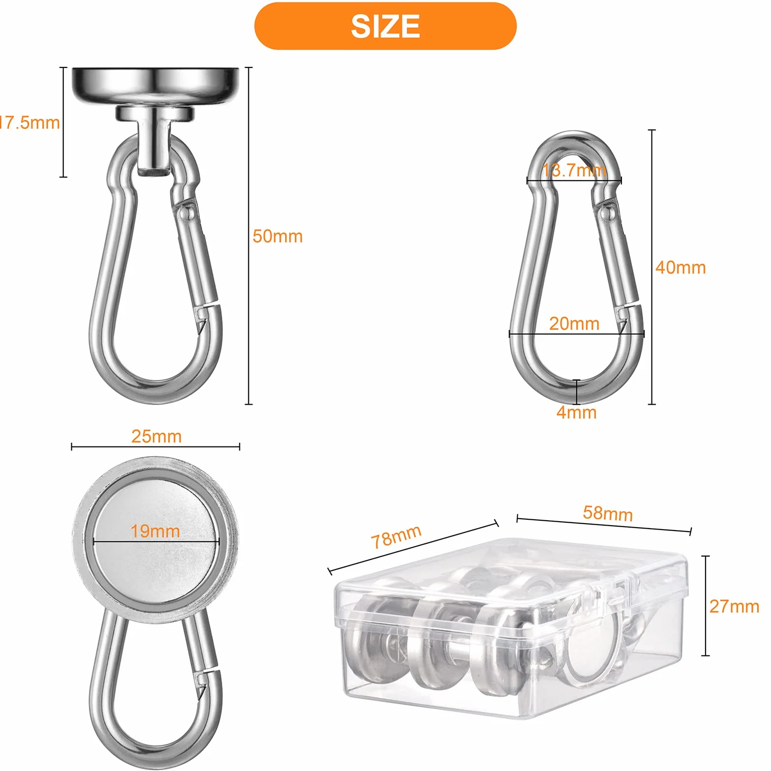 Magnesy neodymowe haczyki magnetyczne 25 mm siła ciągnąca 22,6 kg obrotowy 6 sztuk