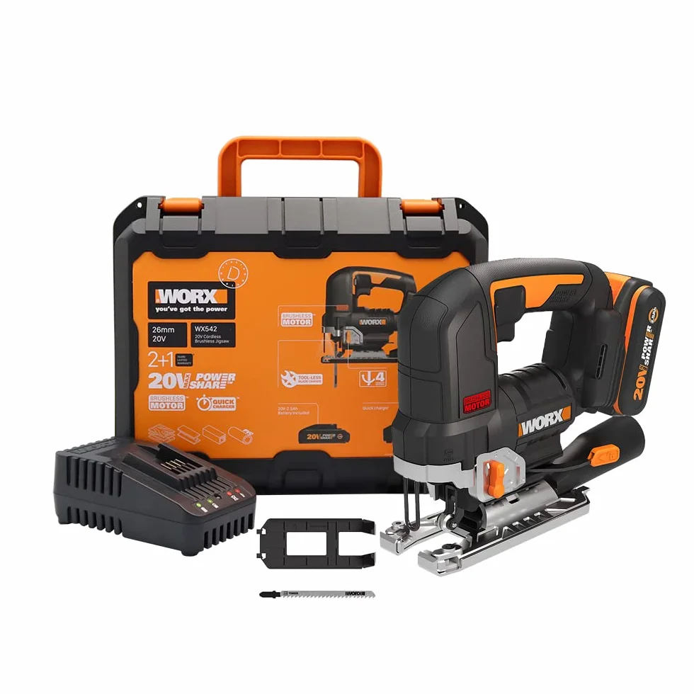 WORX Nitro WX542 akumulatorowa wyrzynarka wahadłowa 20 V silnik bezszczotkowy z adapterem ssącym