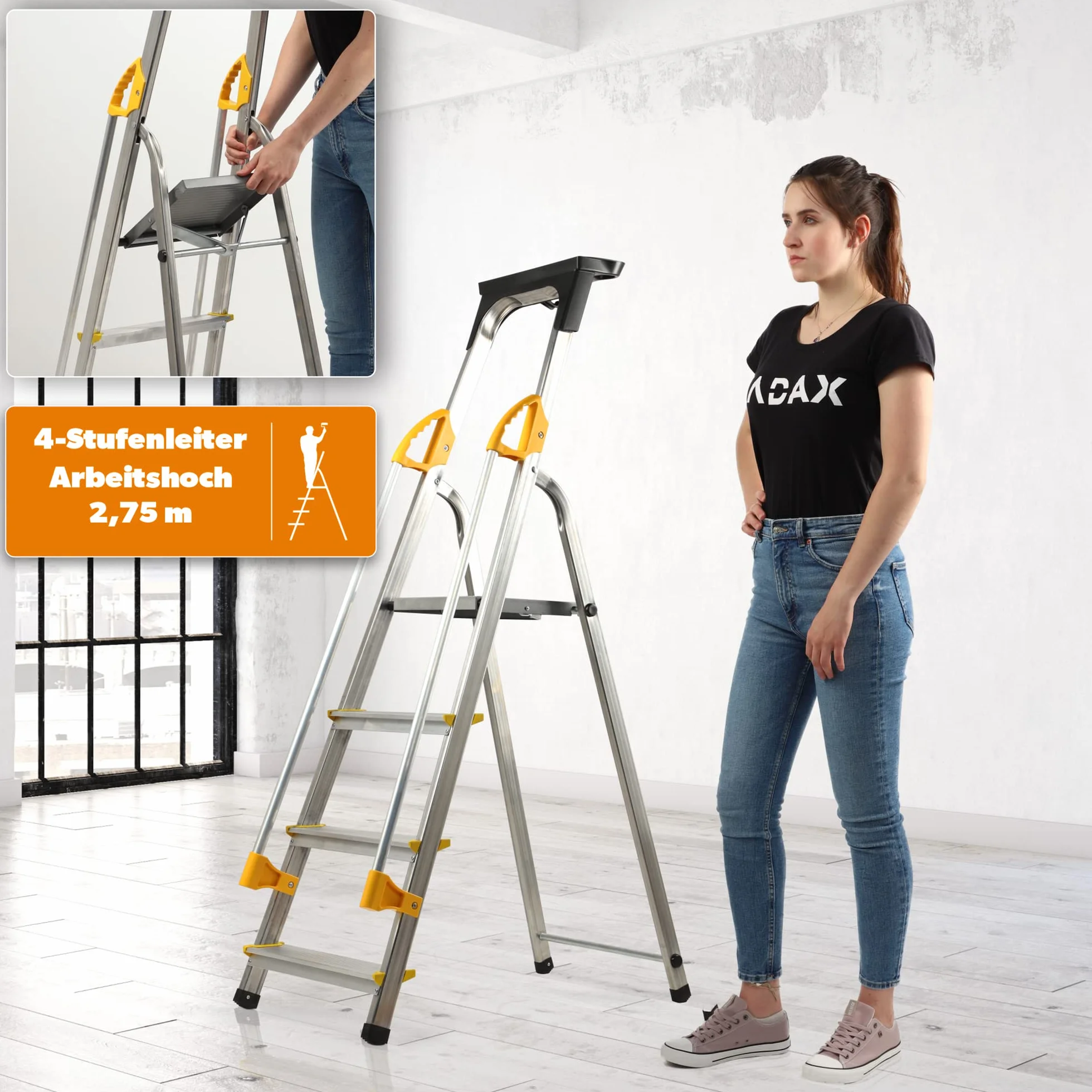 KADAX Drabina aluminiowa 4-stopniowa składana z poręczą 150 kg