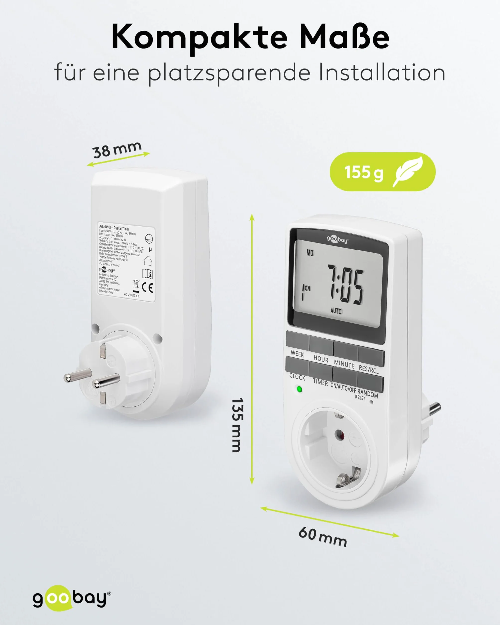 Goobay Cyfrowy programator czasowy 16 programów gniazdko elektryczne tryb losowy 3680 W