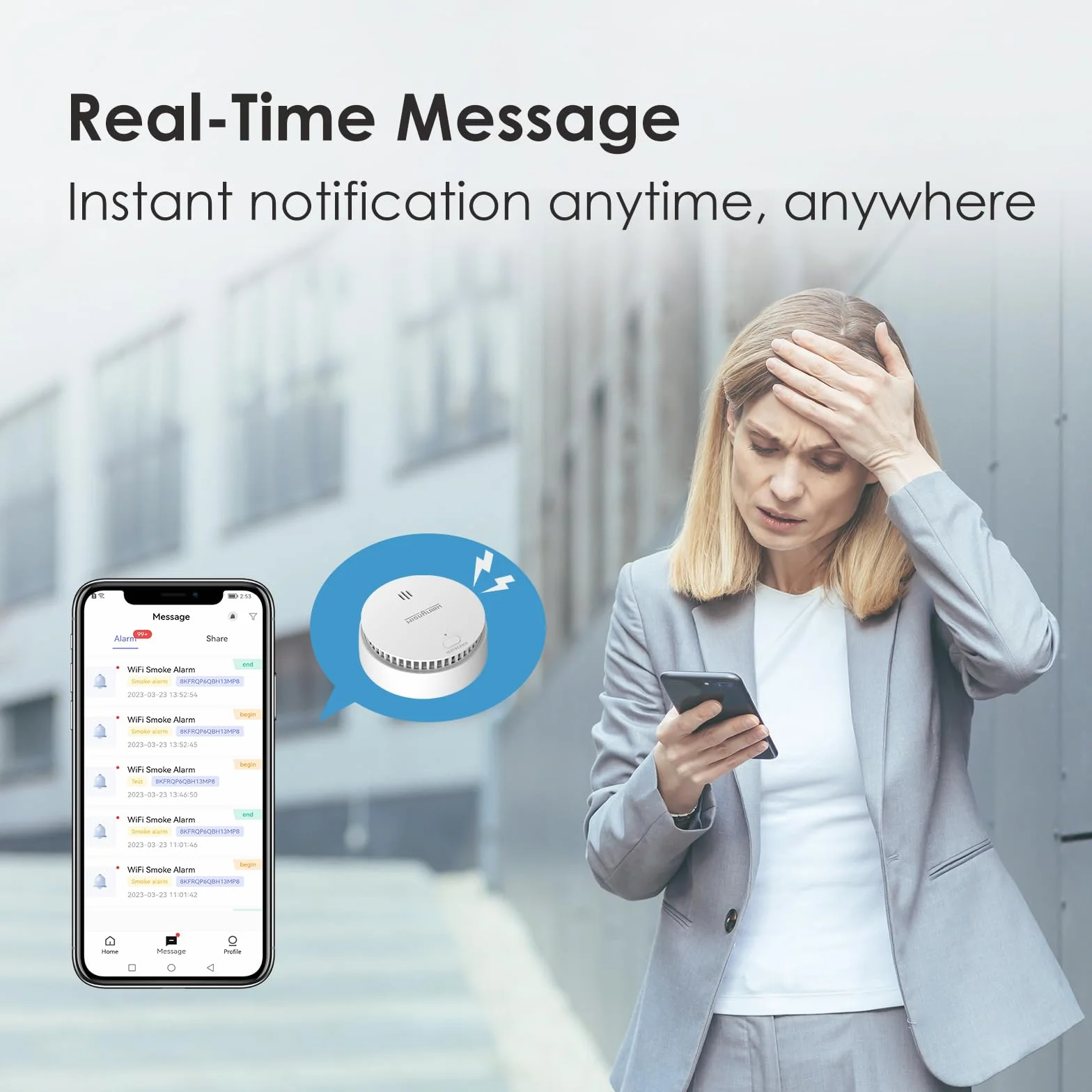 Czujnik dymu Wi-Fi Wisualarm, inteligentny czujnik dymu do domu z wymienną baterią, kompatybilny z aplikacją Wisualarm, czujnik dymu Wi-Fi z certyfikatem TÜV, zgodny z normą EN 14604 (1 sztuka)
