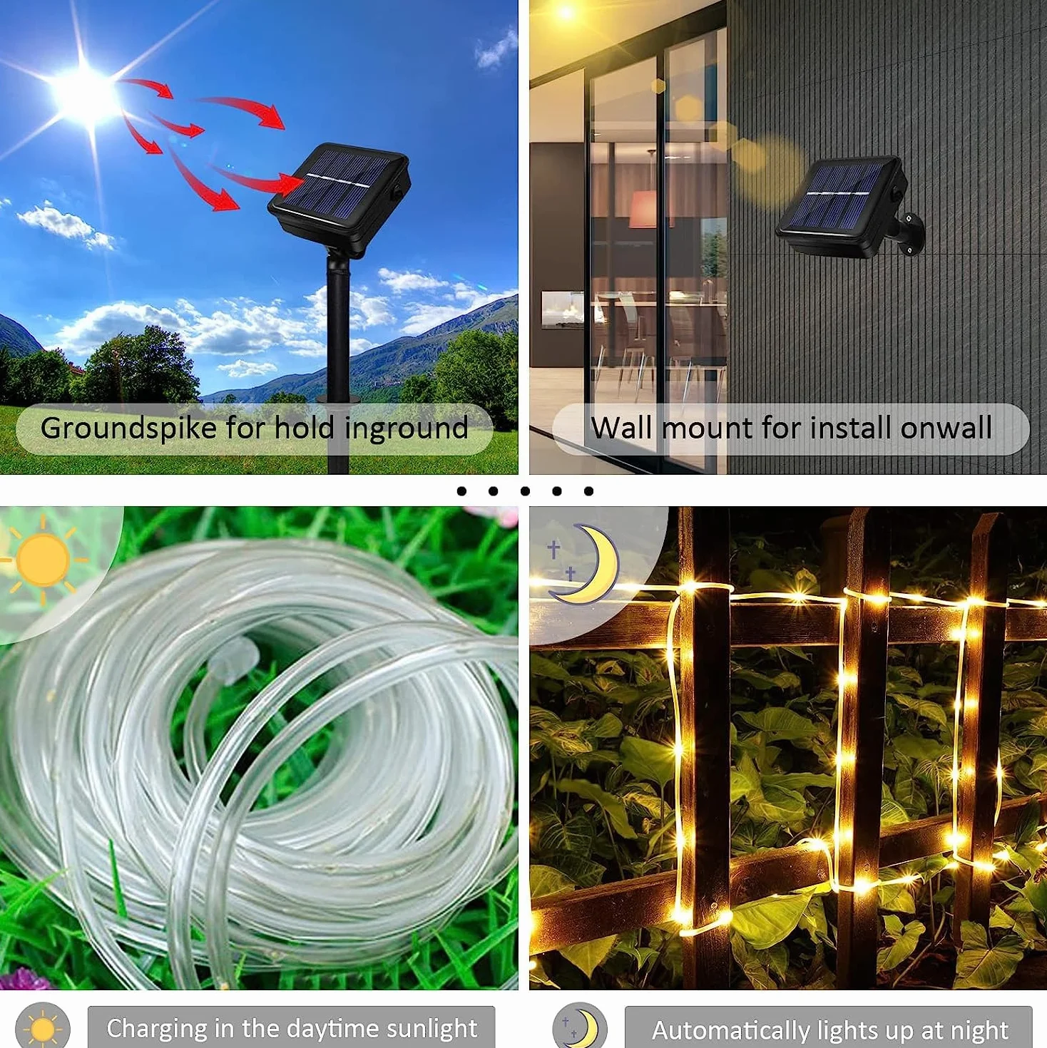 JIMACRO Zewnętrzne solarne lampy linowe LED IP65 12 m 100 diod 8 trybów oświetlenia łańcuch świetlny do ogrodu