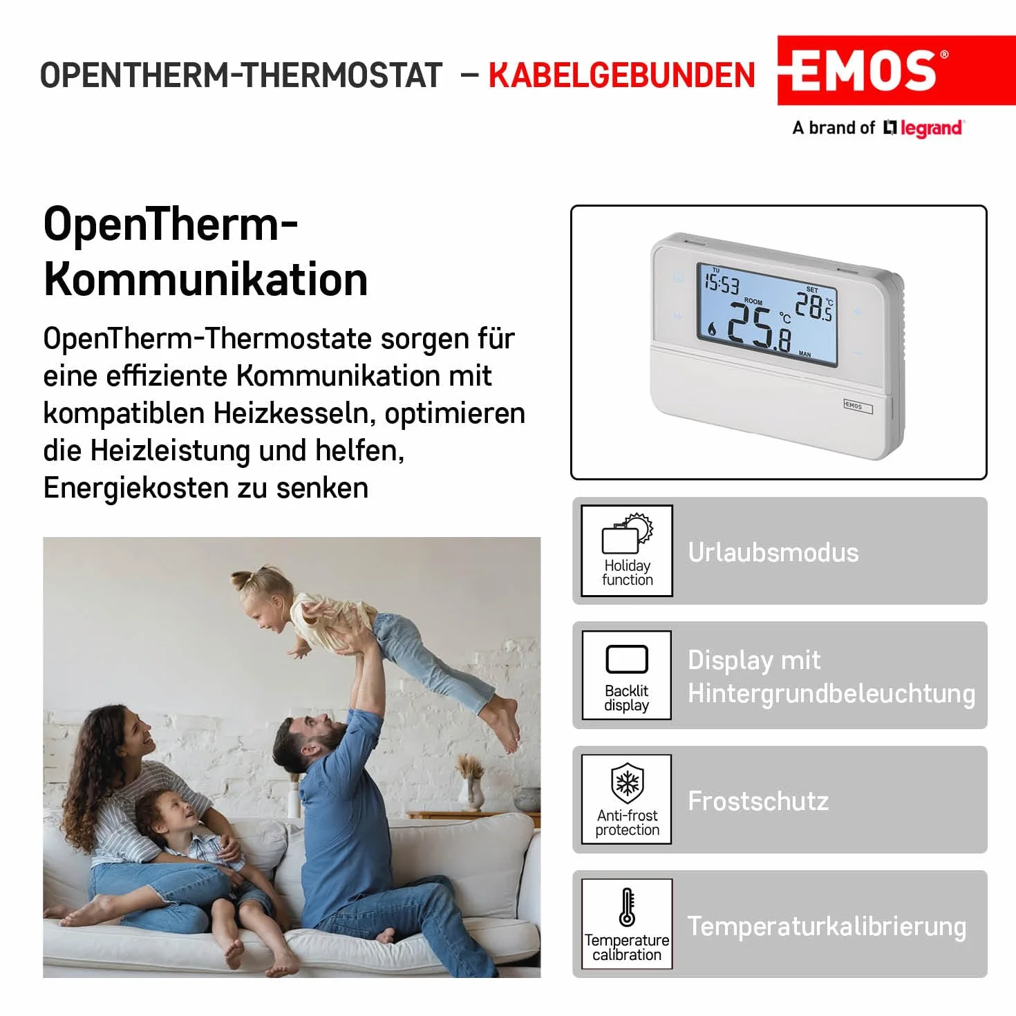 EMOS Cyfrowy termostat pokojowy OpenTherm programowalny zegarowy do systemów grzewczych i chłodzących