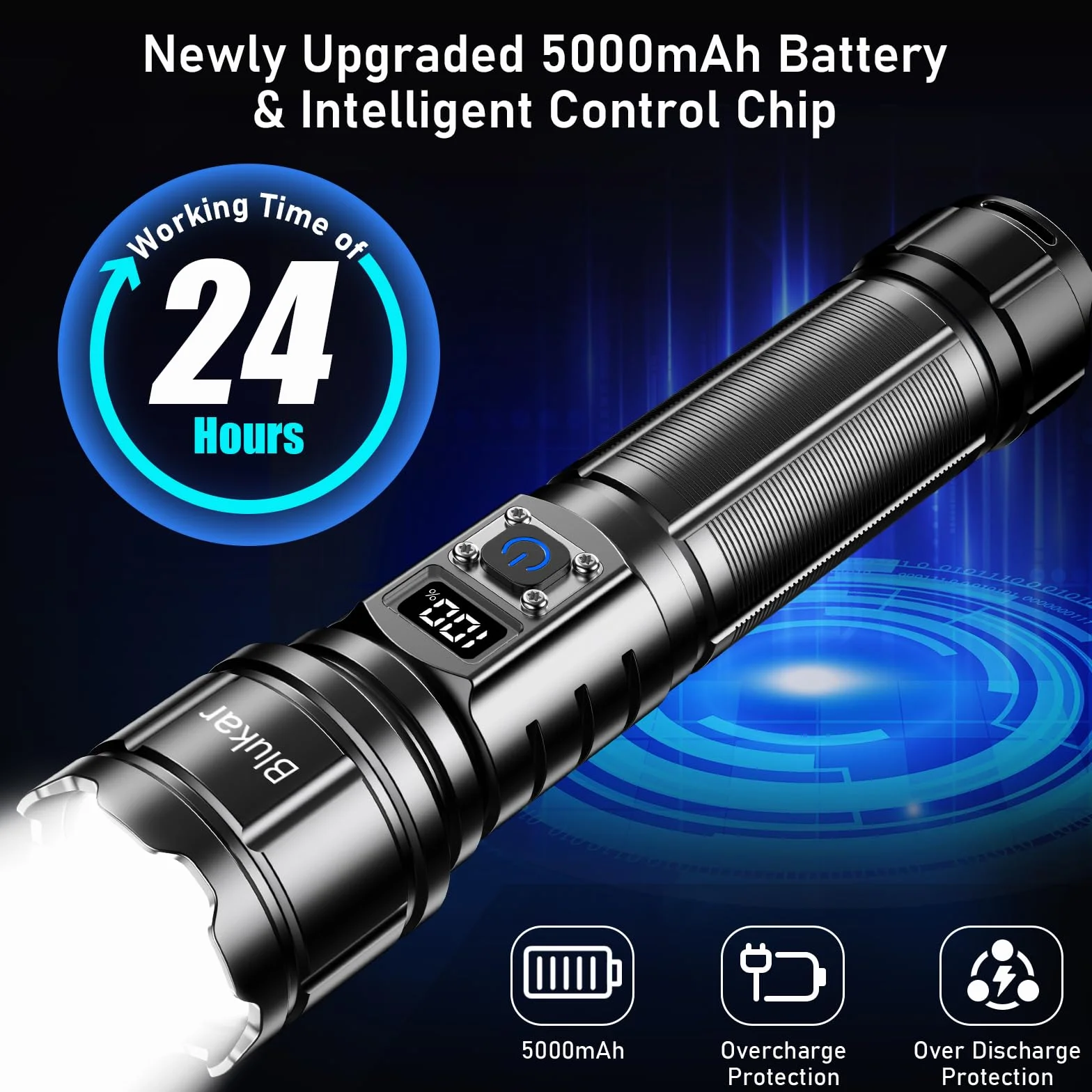 Blukar Latarka Ładowalna LED 5000 mAh IP67 Wodoodporna Regulowane Ogniskowanie 5 Trybów Inteligentny Wyświetlacz Cyfrowy