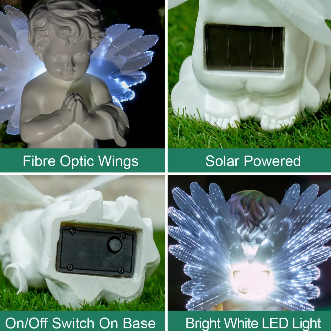 GardenKraft 12680 Zasilane energią słoneczną LED Angel Light Cherub ze skrzydłami światłowodowymi ciepłe białe diody LED