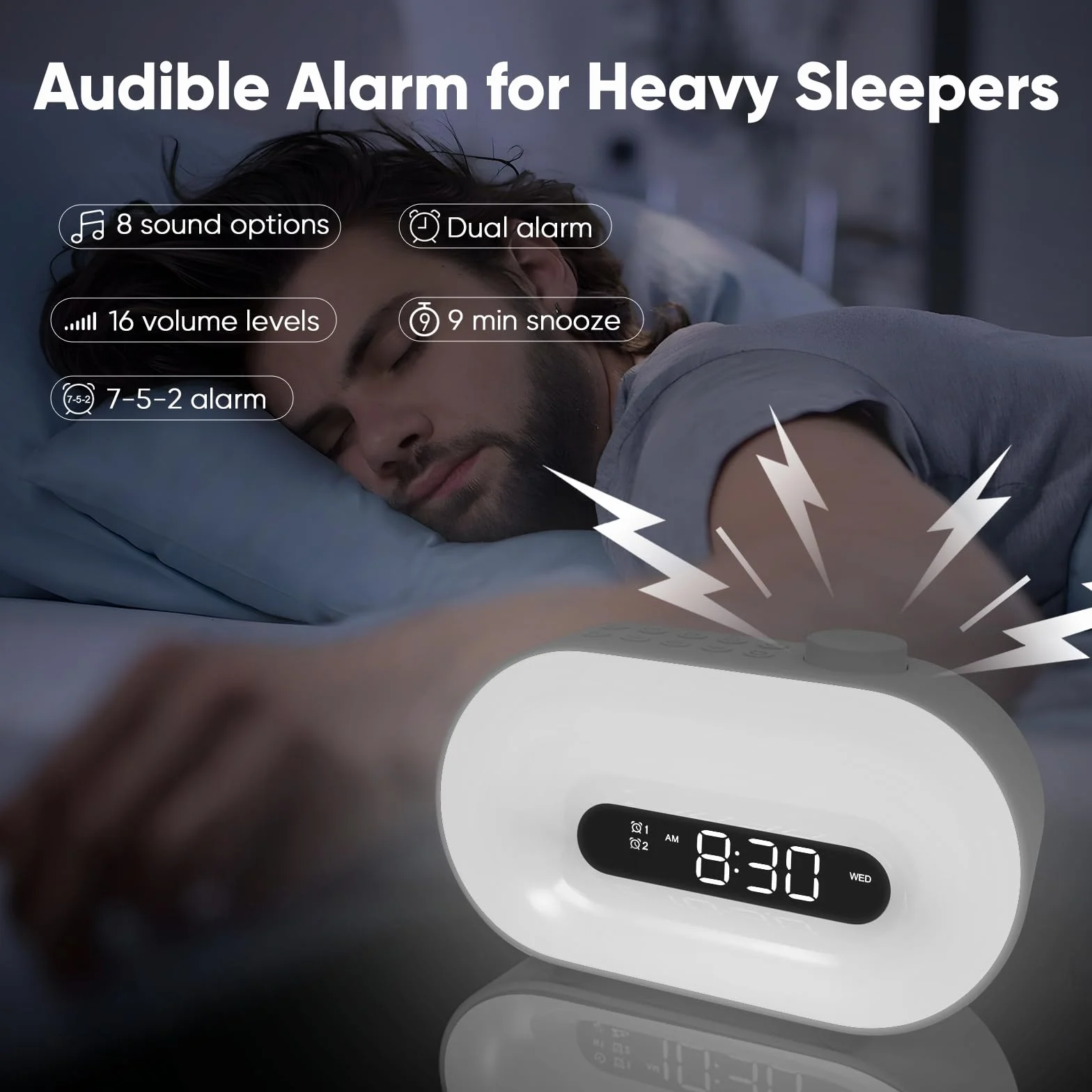 Budzik świetlny Bluetooth z symulacją wschodu słońca, radio FM, 2 alarmy, 16 kolorów światła nastrojowego