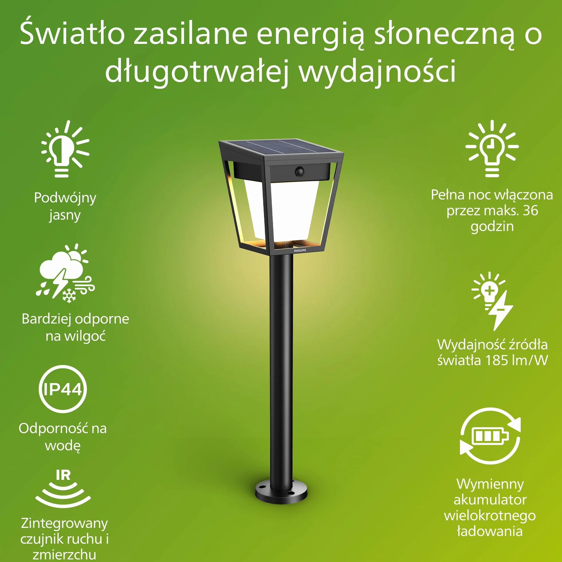 Philips Nissa UltraEfficient Zewnętrzna Lampa na Postumencie Solarna z Czujnikiem, 3000K, 250/25lm, Czarna