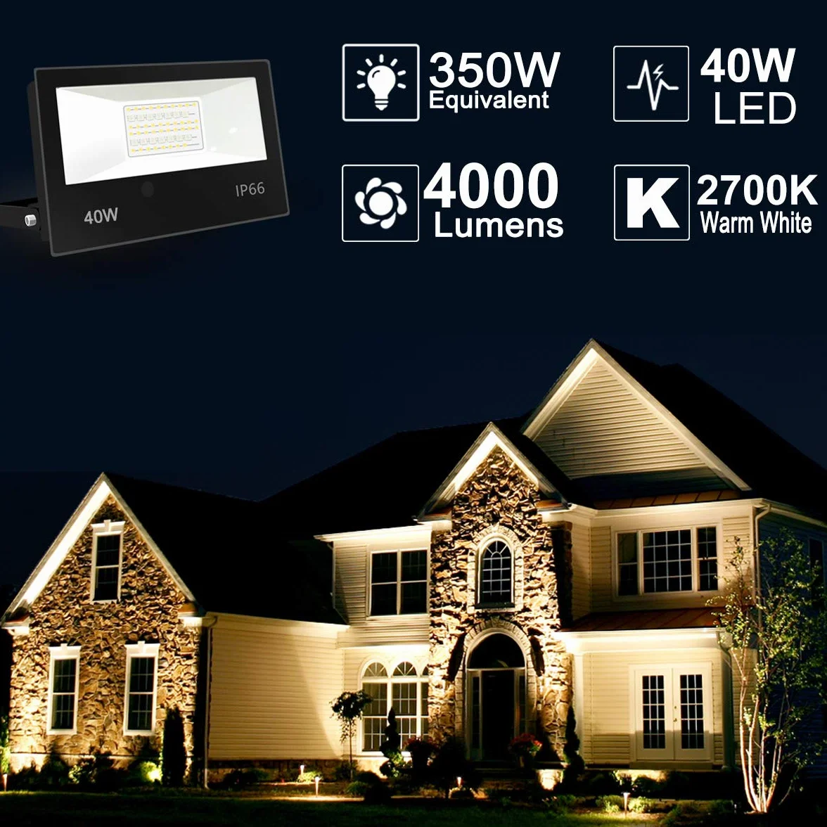 HEKEE Reflektor LED 40 W RGBW ze zmianą kolorów, 120 kolorów, timer, 4000 lumenów, IP66