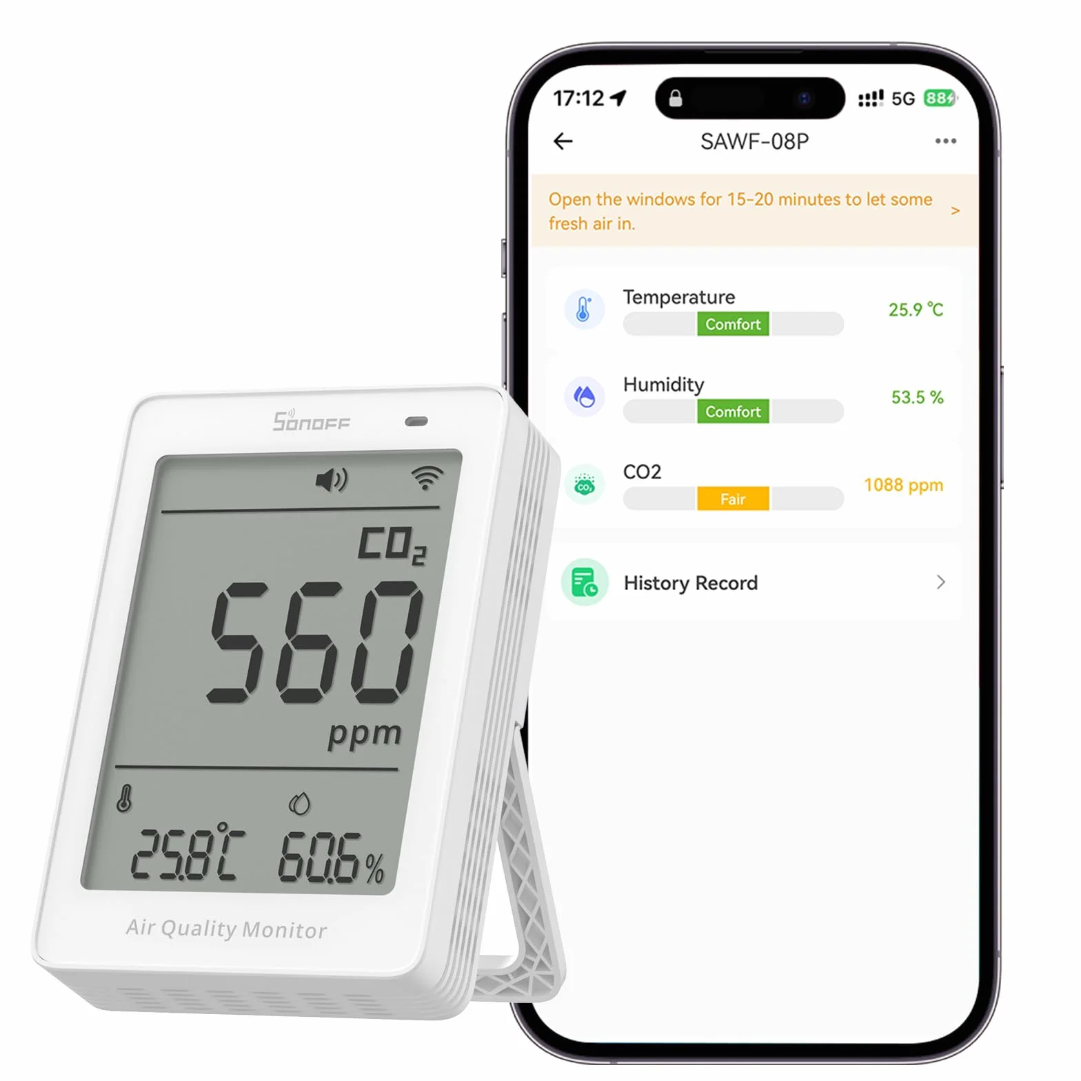 SONOFF AirGuard CO2, Inteligentny Monitor Jakości Powietrza, Zgodny z Matter, WiFi 2,4 GHz, Detektor CO2/Temp/Wilgotności, Wyświetlacz i Alarm w Czasie Rzeczywistym, do Sypialni/Pokoju Dziecięcego