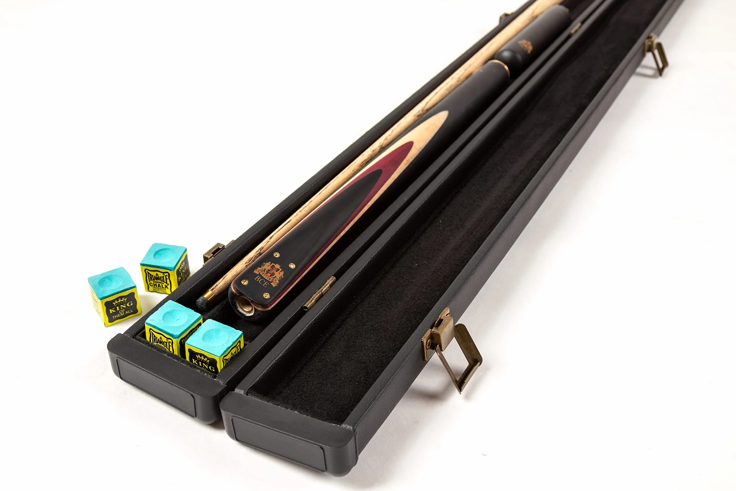 BCE Heritage Sapele Mahogany ¾ Cut Snooker Cue – końcówka 145 cm – 9,5 mm z przedłużeniem 15 cm i twardym etui + zestaw akcesoriów zawierający końcówki łosia ROS, kredę trójkątną i ręcznik Riley Cue.