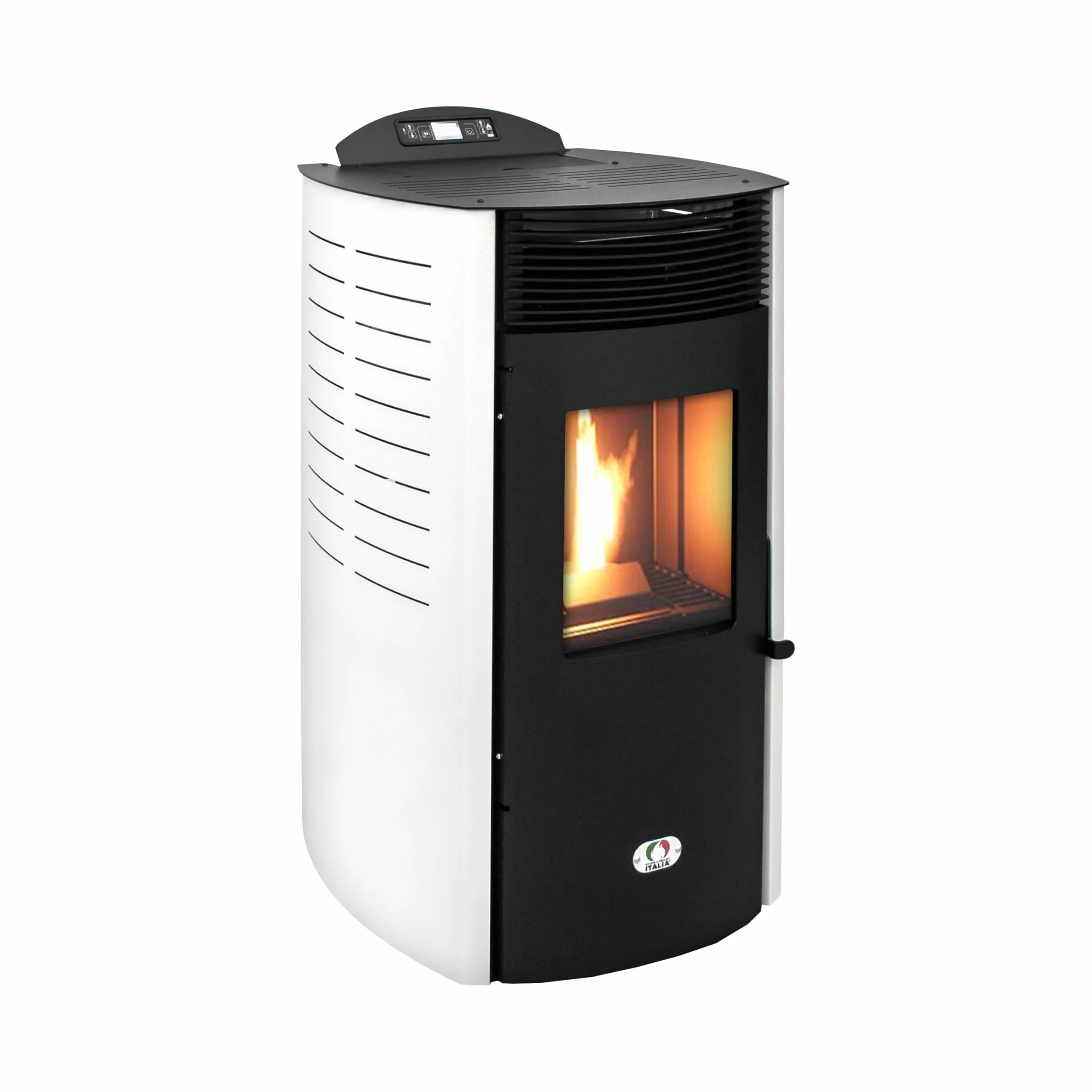 STUFE A PELLET ITALIA Syberia New 15 kW kanał WiFi - piec wentylowany efektywność 92% ciepła 140 m² czas pracy 30 h, programowalny 5 prędkości i mocy, 24 miesiące biały
