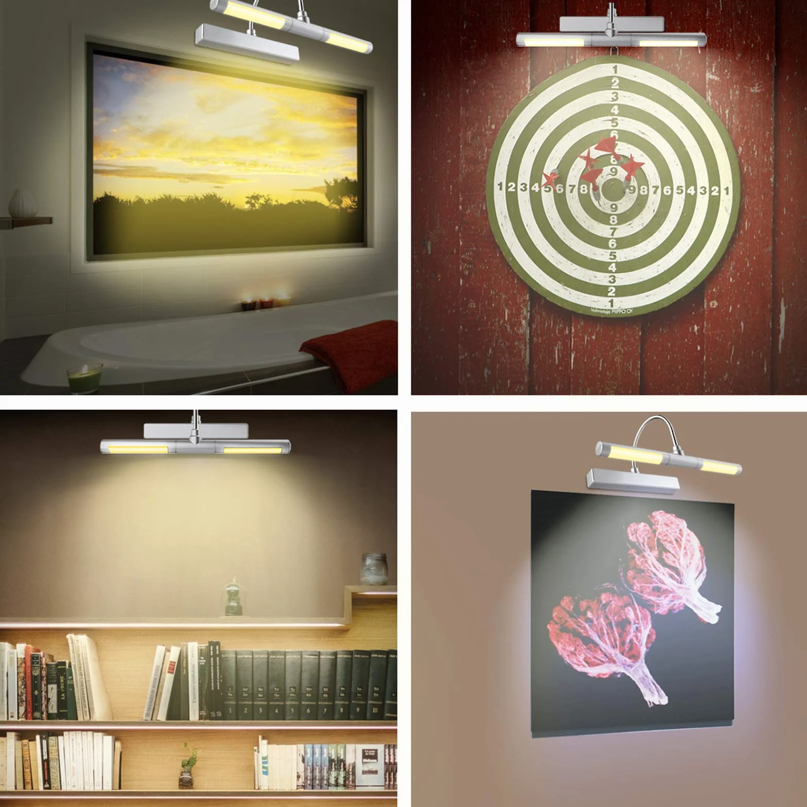 BIGLIGHT Oświetlenie obrazu z pilotem zdalnego sterowania, bezprzewodowe oświetlenie ścienne LED zasilane na baterie, obracana głowica świetlna 33 cm, 3 tryby oświetlenia, ściemniane światło do zdjęć tarczy rzutek - srebrny