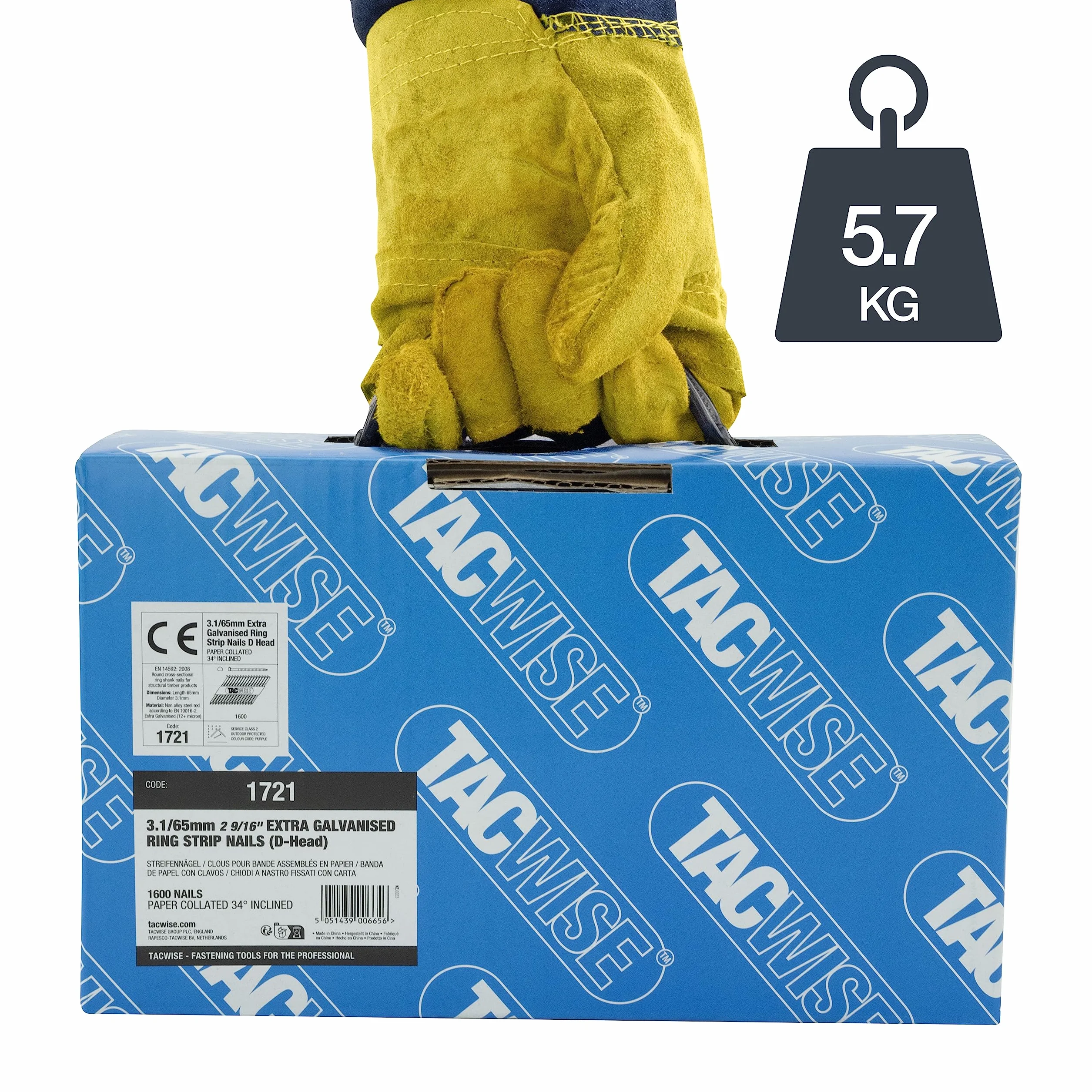 TACWISE 1721 Gwoździe do ramy 3,1/65 mm głowica D trzonek pierścieniowy nachylone 34° klejone papierem zestaw 1600 srebrny