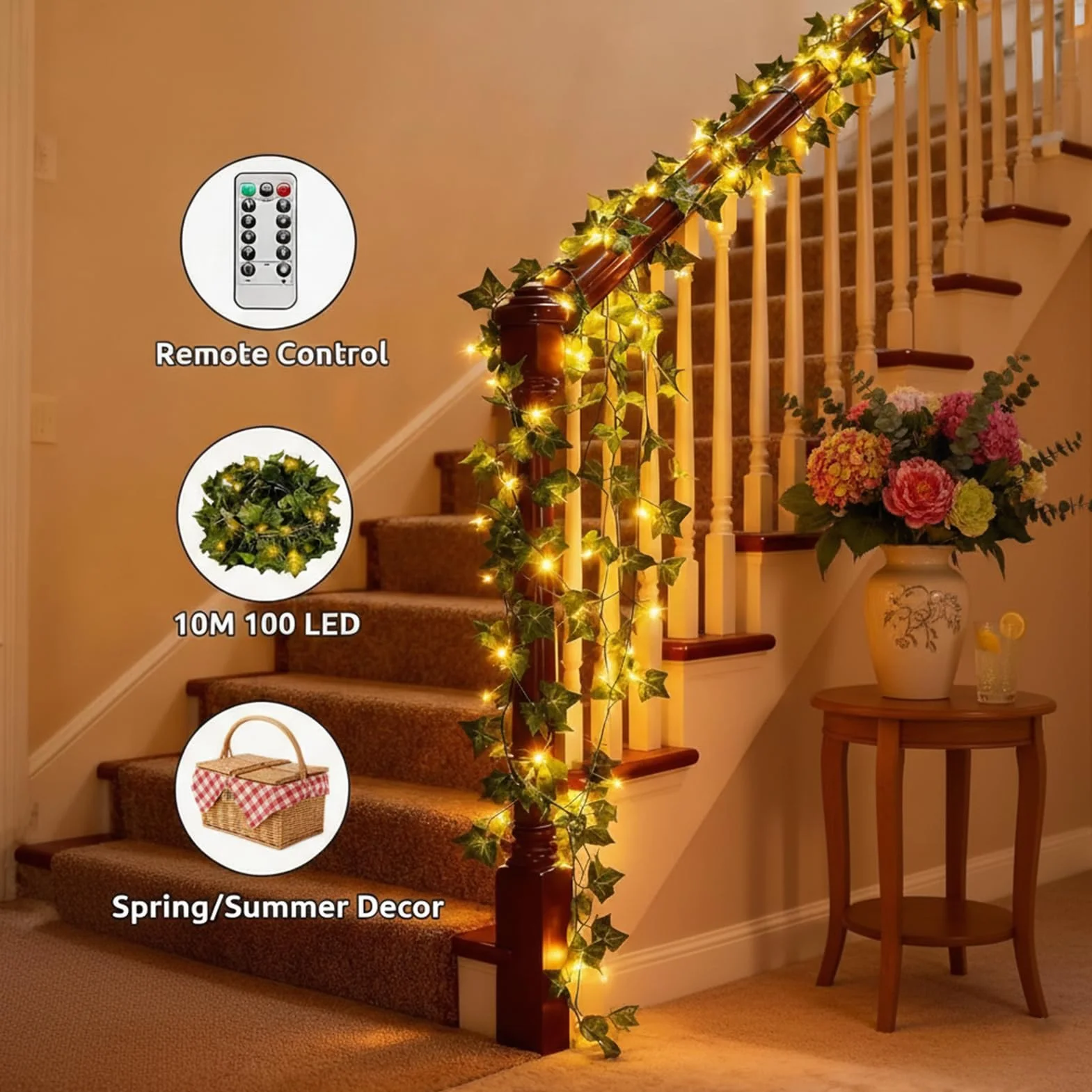 yowin Łańcuch świetlny z bluszczem 10 m, 100 diod LED, pilot zdalnego sterowania, timer, 8 trybów