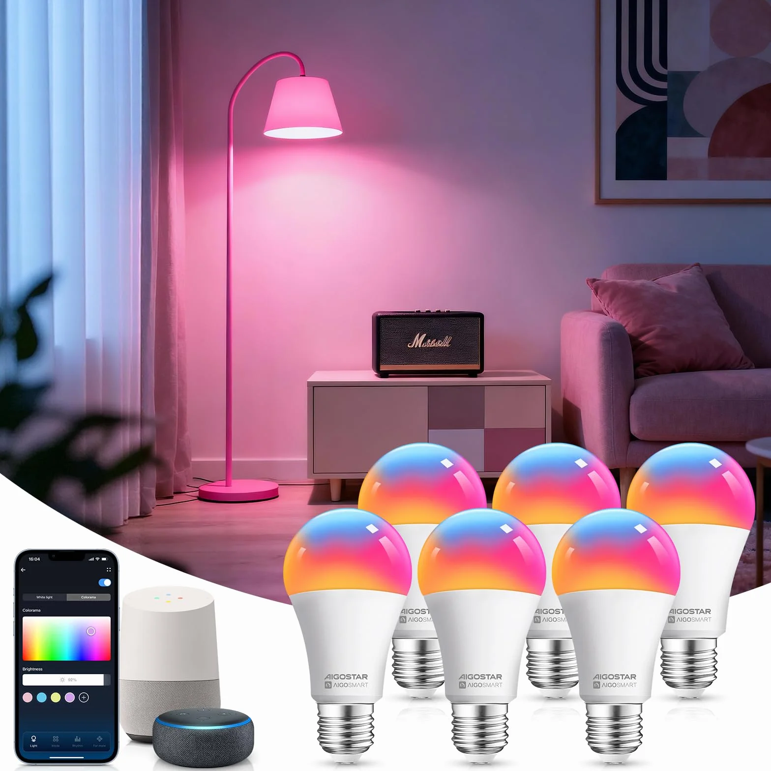 Aigostar Smart Bulb E27 SL2 LED 9W 806LM WiFi Żarówka RGB 2700K-6500K Ściemnialna Kompatybilna z Alexa Google Home 6 szt.