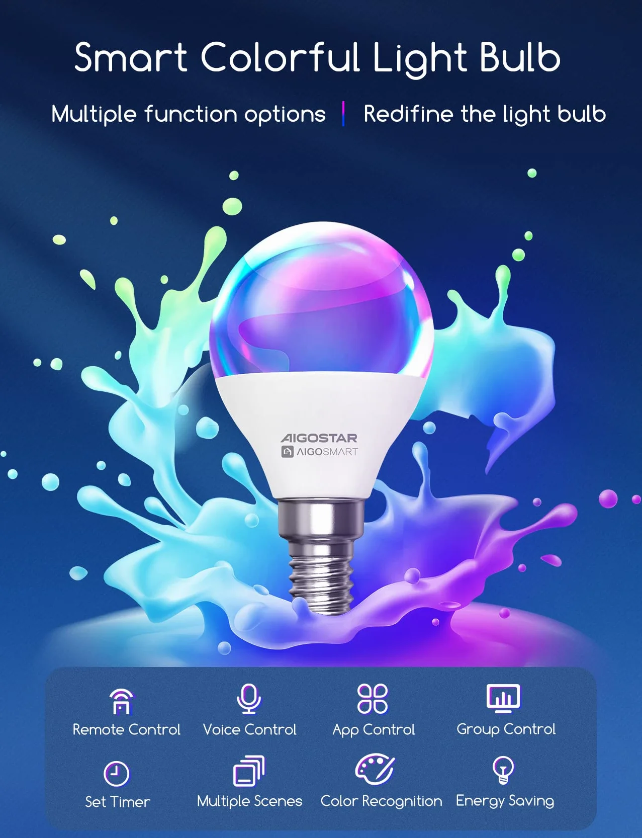 Aigostar Lampa Alexa Inteligentna Żarówka LED SL2 G45 E14 6,5W RGB Ciepła/Zimna Ściemnialna 6 Sztuk