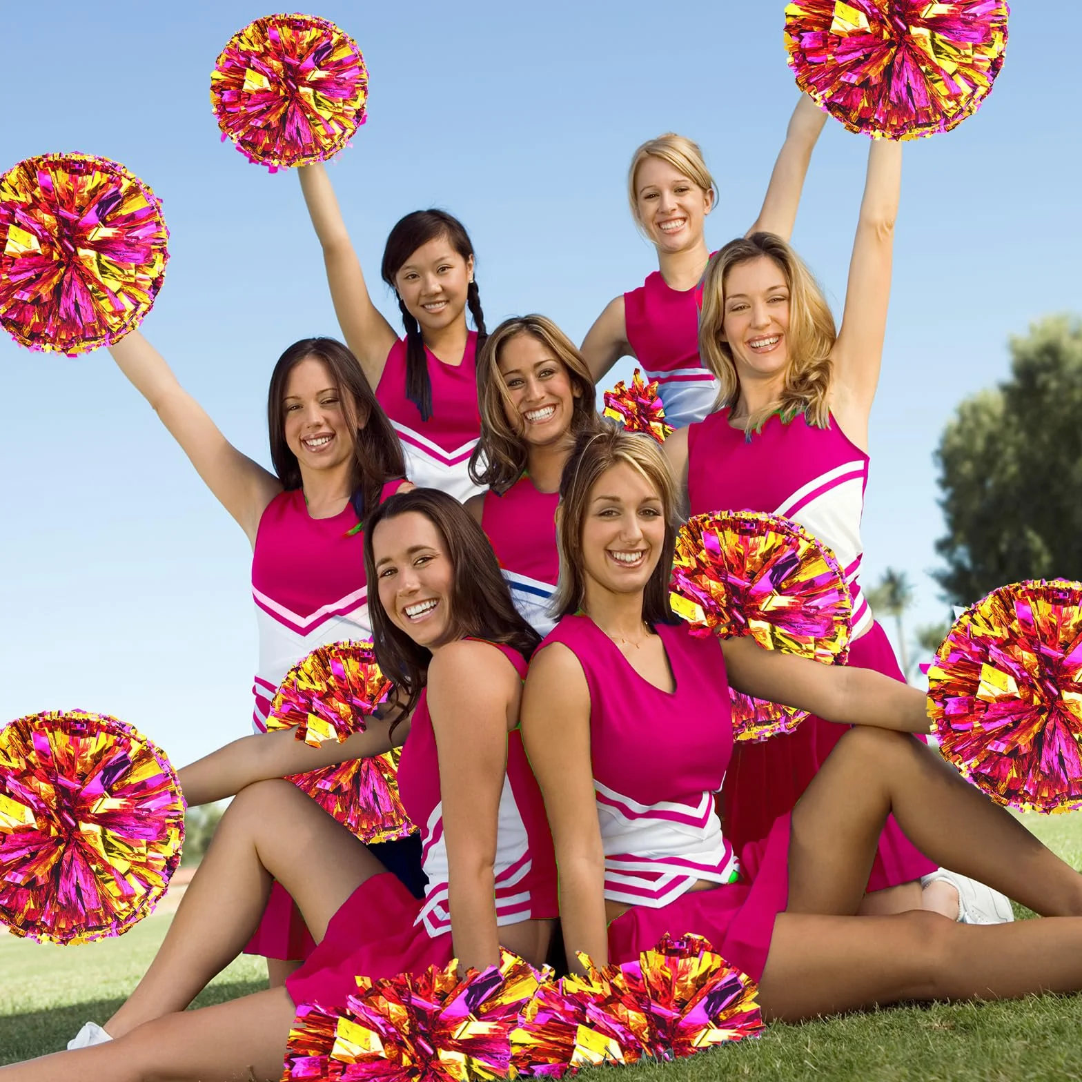 Wondora 2 x pompony cheerleaderki, czerwone pompony cheerleaderki, pompony cheerleaderki, z dużą kokardką, odpowiednie na zawody sportowe, duch zespołowy, cheerleaderki, dla dzieci i dorosłych (różowe