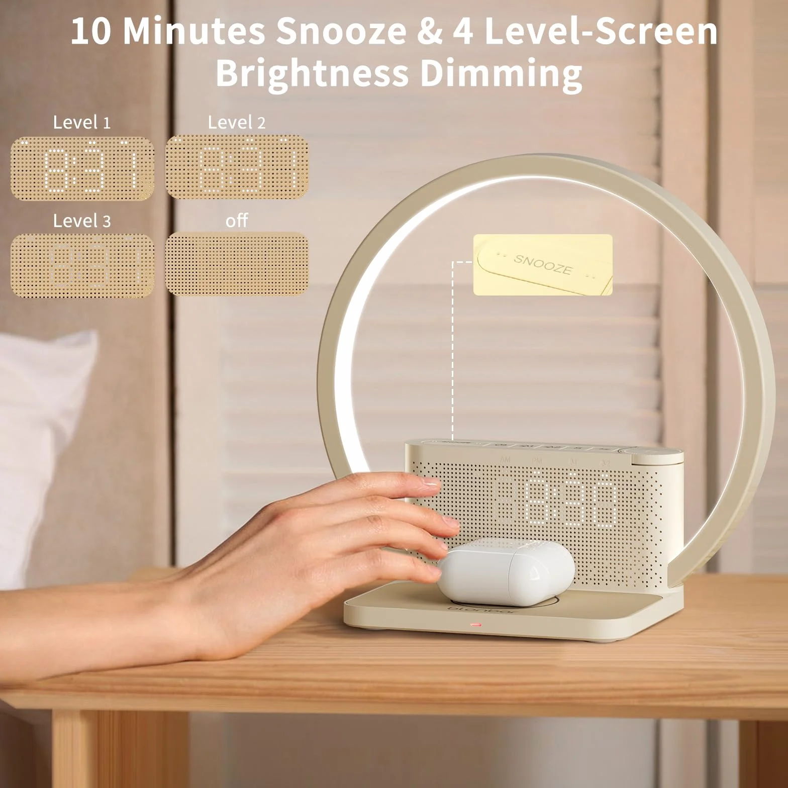 Blonbar Lampka nocna z budzikiem świetlnym Wake Up Light, bezprzewodowa ładowarka 10 W, dotykowa ściemniana, 3 poziomy jasności