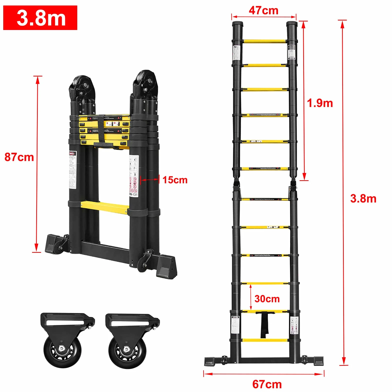LZQ Składana drabina teleskopowa aluminiowa 12 szczebli 87 cm do 3,8 m nośność 150 kg żółto-czarna