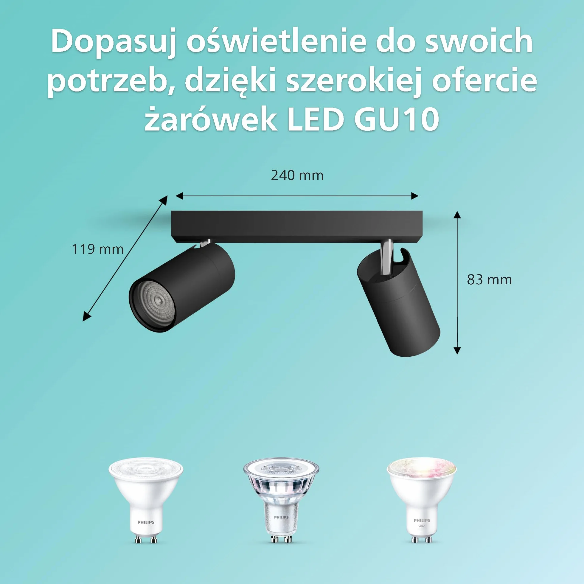 Philips LED Podwójny reflektor punktowy Idris, czarny, IP44, wodoodporny