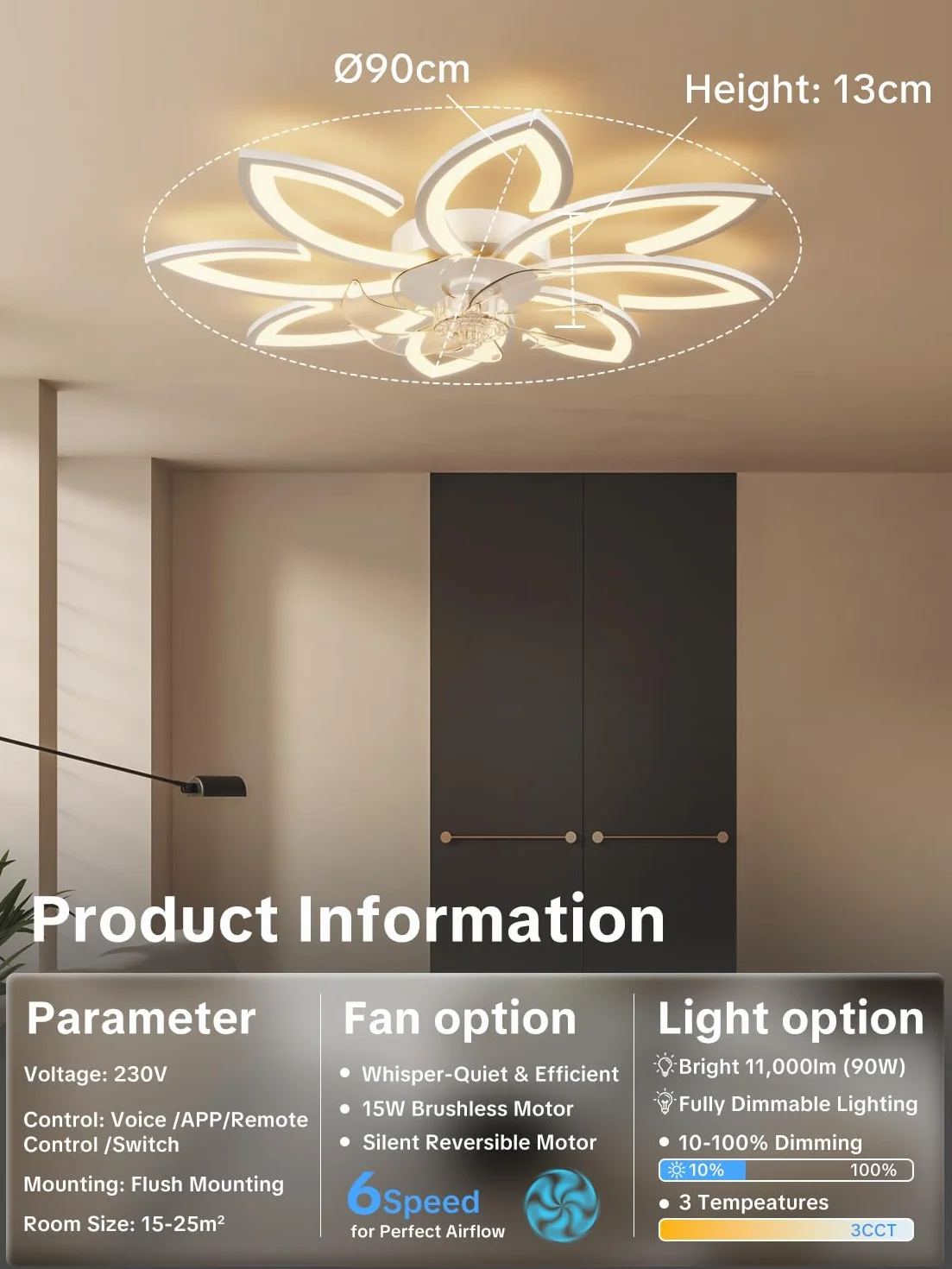 Wentylator sufitowy z światłem i pilotem, niskoprofilowy, cichy, z funkcją ściemniania, nowoczesny design