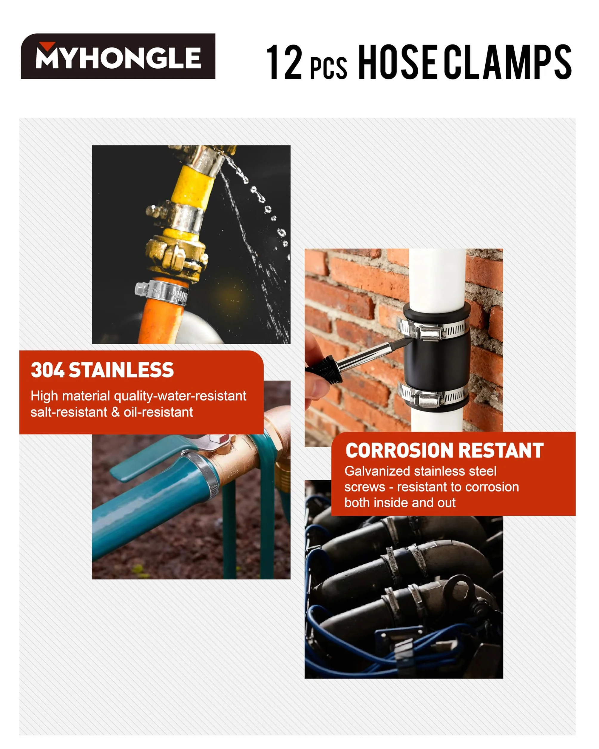 Obejmy do węża ze stali nierdzewnej 304, zestaw 12 sztuk, regulowane zaciski 32-50mm
