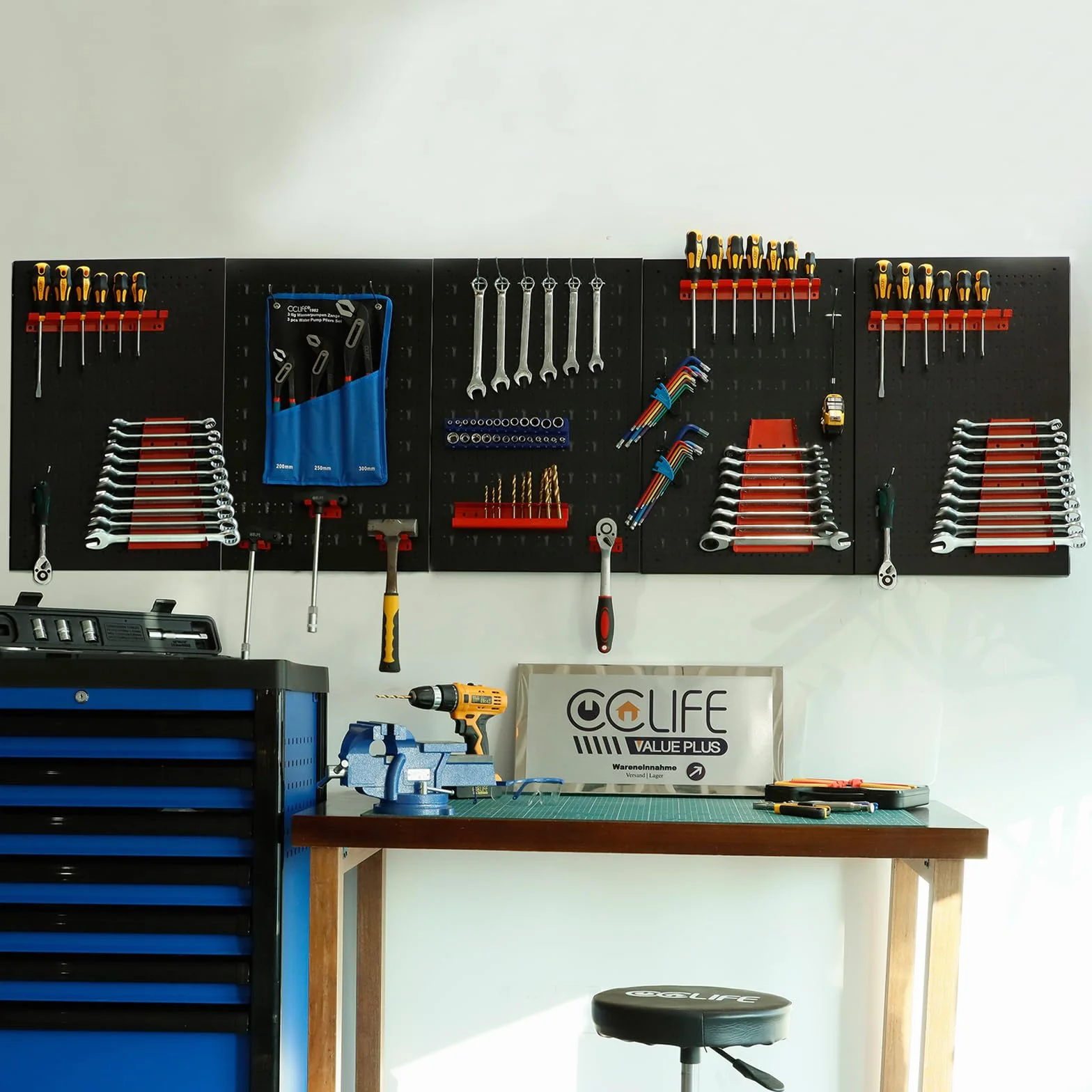 CCLIFE Ścianka narzędziowa ściana perforowana z 66-częściową metalową ścianką z otworami na narzędzia, cztery części, 200 x 60 x 2 cm, możliwość rozszerzenia, akcesoria, regał ścienny, schowek na