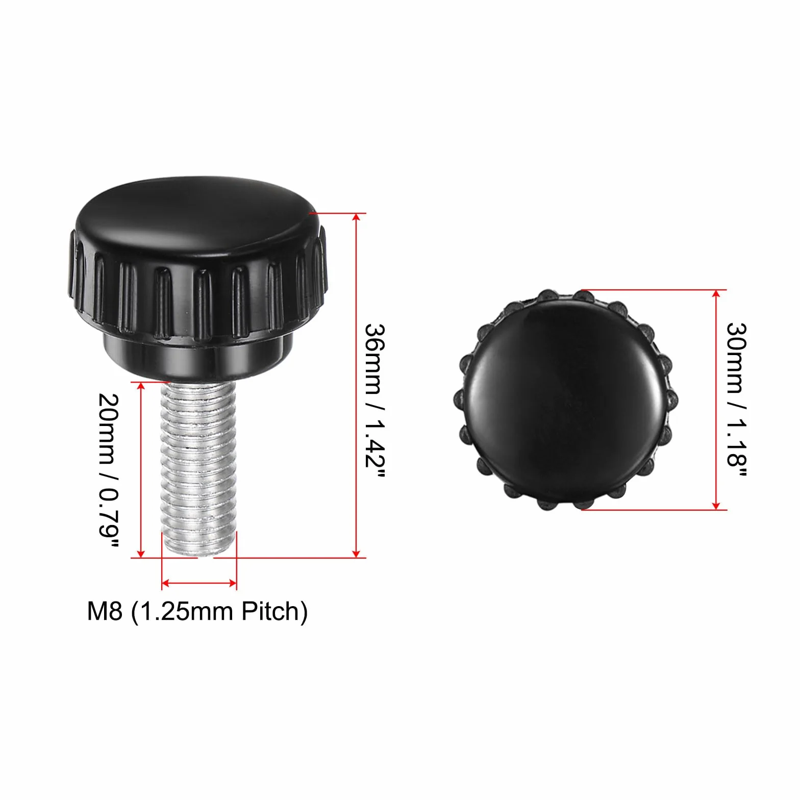 QUARKZMAN M8 x 20 mm Gwinty radełkowane Śruba kciukowa 30 mm Okrągła plastikowa głowica czarny 4 szt