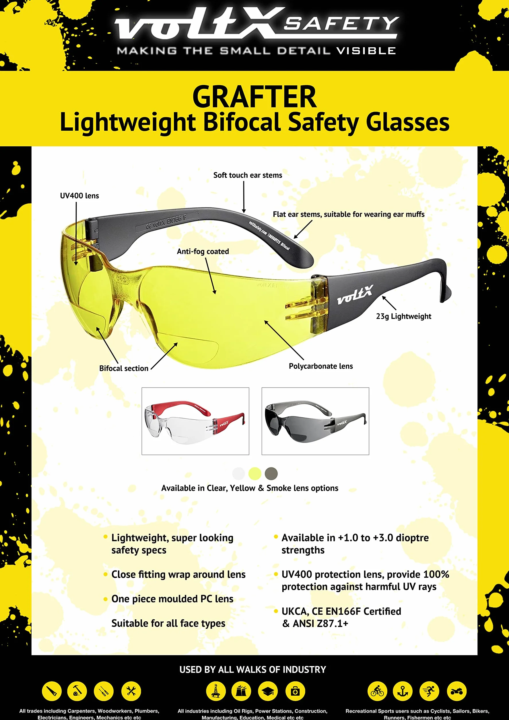 voltX GRAFTER dwuogniskowe, lekkie okulary ochronne, rowerowe, sportowe, z certyfikatem CE EN166f