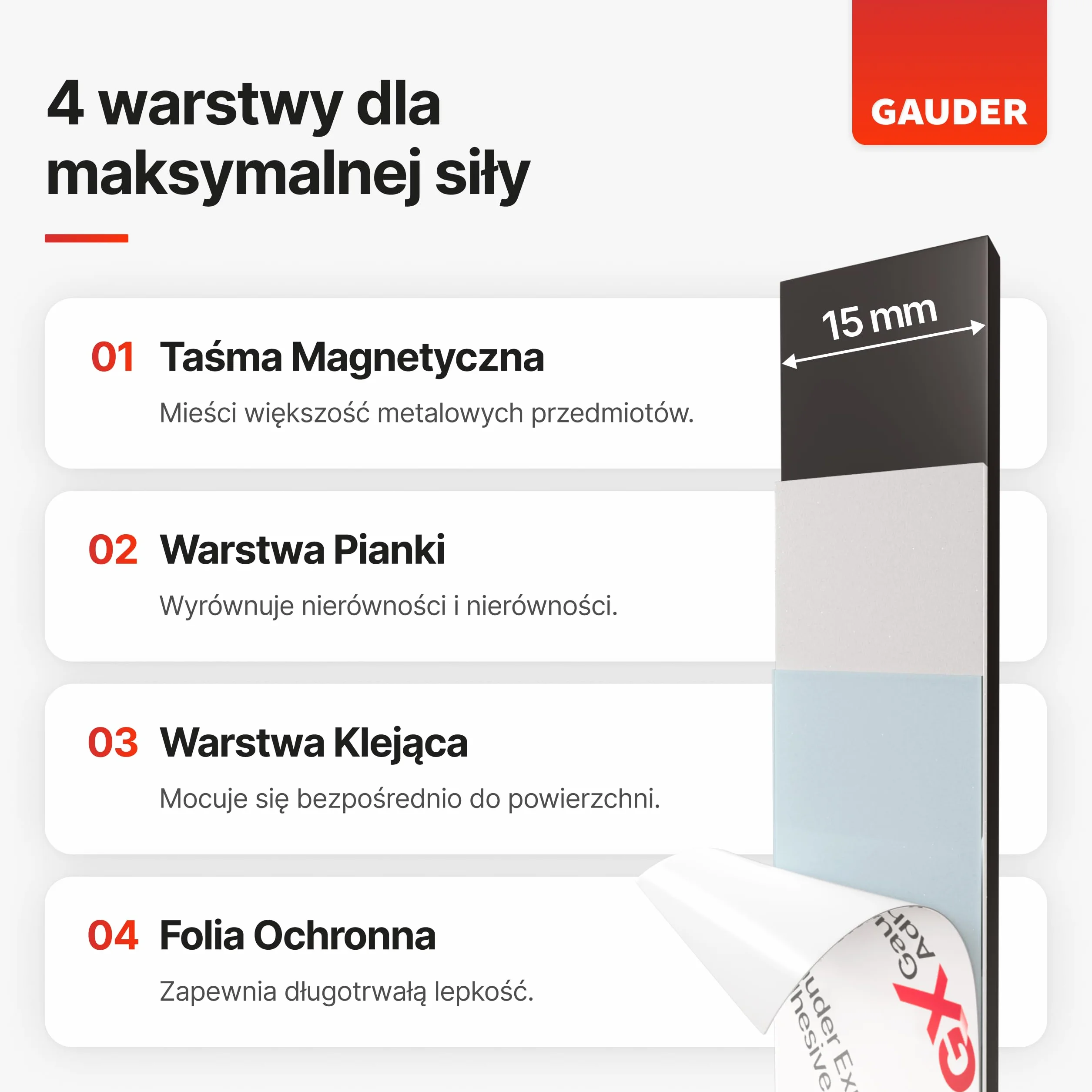 GAUDER Taśma Magnetyczna Samoprzylepna Mocna 3 m x 15 mm