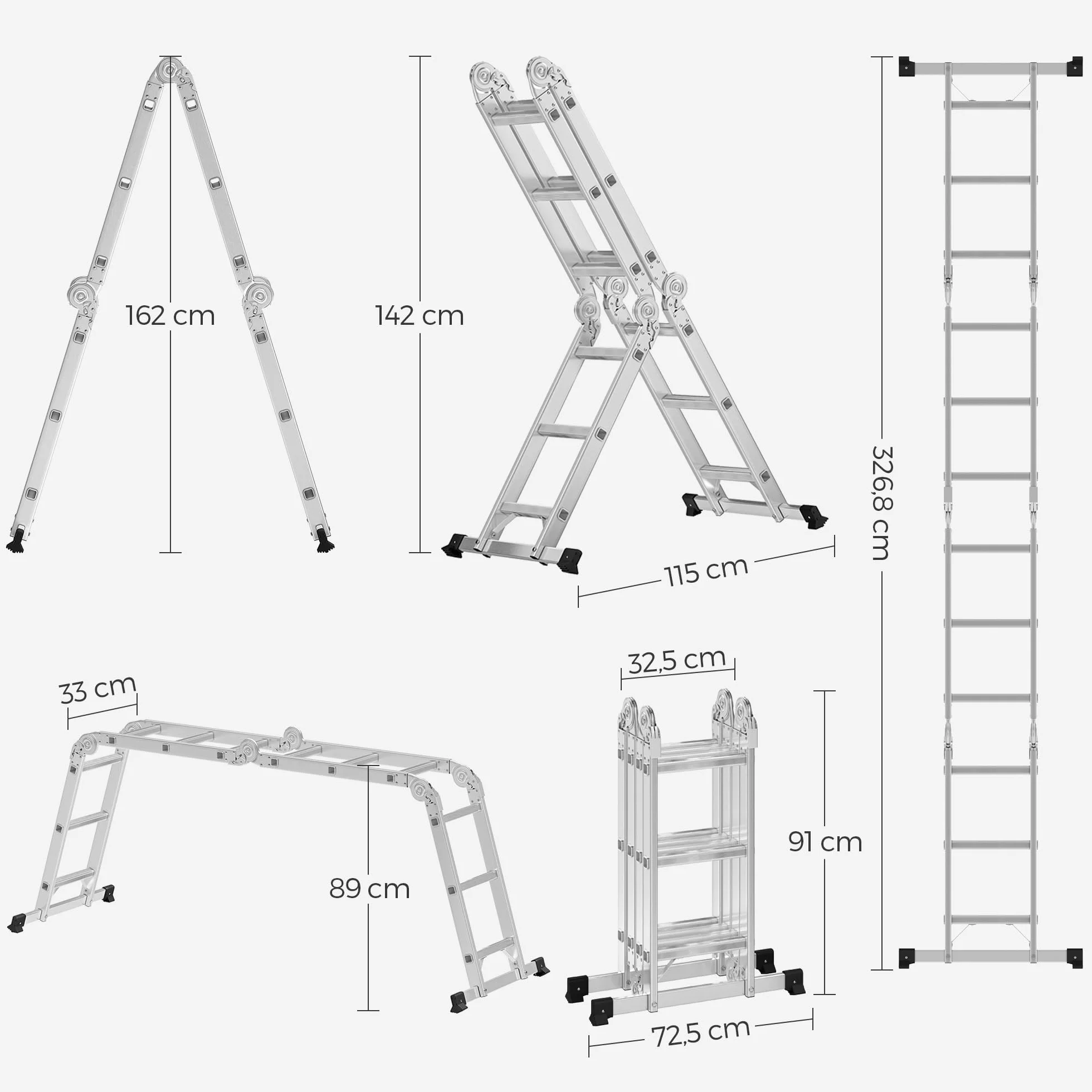 SONGMICS Drabina Wielofunkcyjna Aluminiowa 12 Stopni 150 kg GLT36M Srebrna