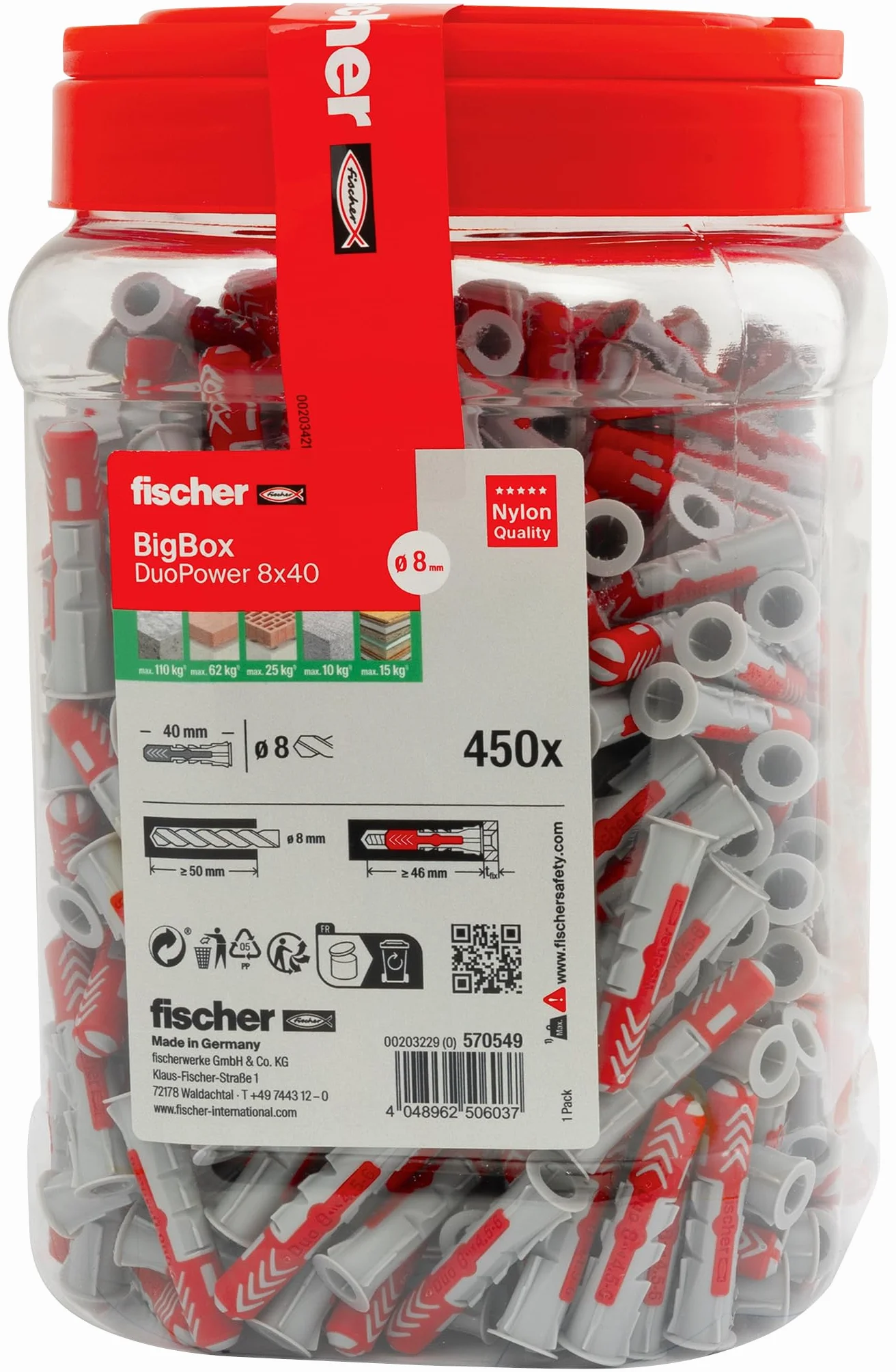 Fischer DuoPower 8 x 40 BigBox 450 sztuk uniwersalne kołki 2-komponentowe do betonu cegły kamienia płyt gipsowych