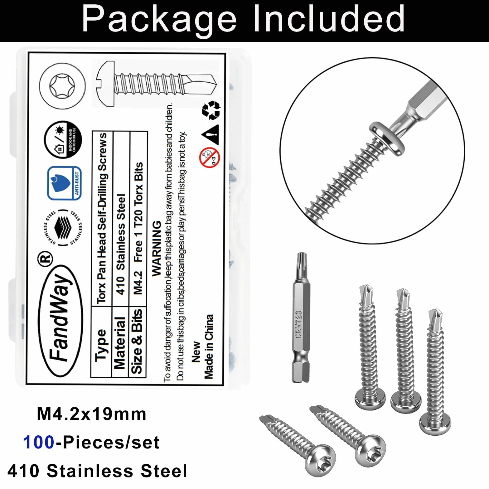 Wkręty Torx samowiercące M4 2x19 mm stal nierdzewna 410 sztuk do blachy z bitem TX20