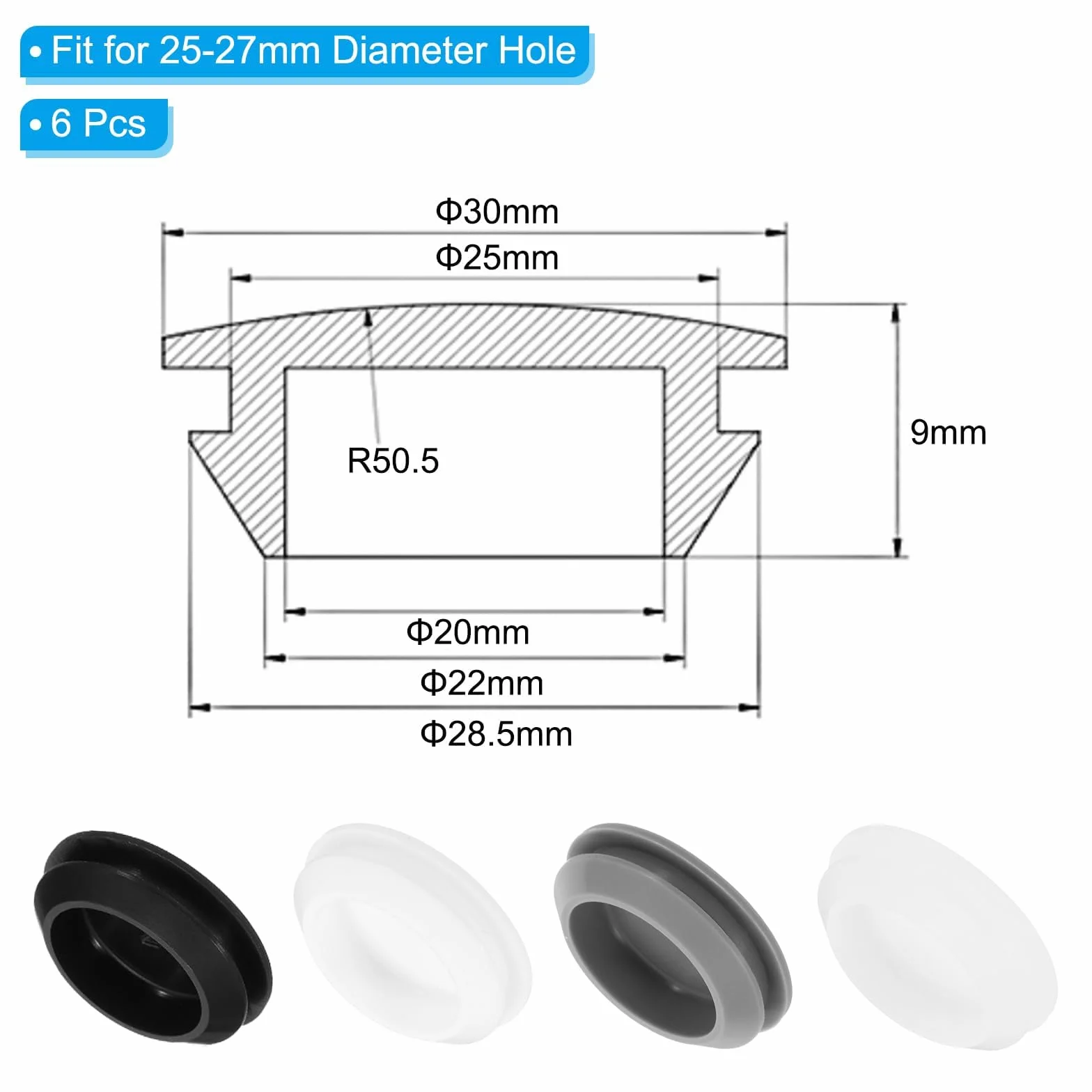 PATIKIL Silikonowa zatyczka otworowa 25 mm 6 szt. okrągła zatrzaskowa blokada przycisk meblowy osłona ochronna nasadka pasuje do otworu 2,5-25 mm do uszczelnienia otworu cylindra
