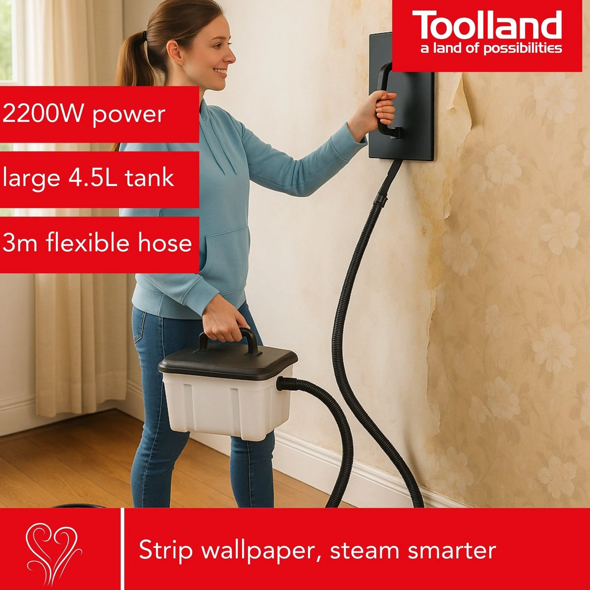 Toolland Parownica do Tapet 2200W Zbiornik 4.5L Czas Pracy 70 Min Płyta 28x20 cm Wąż 3m