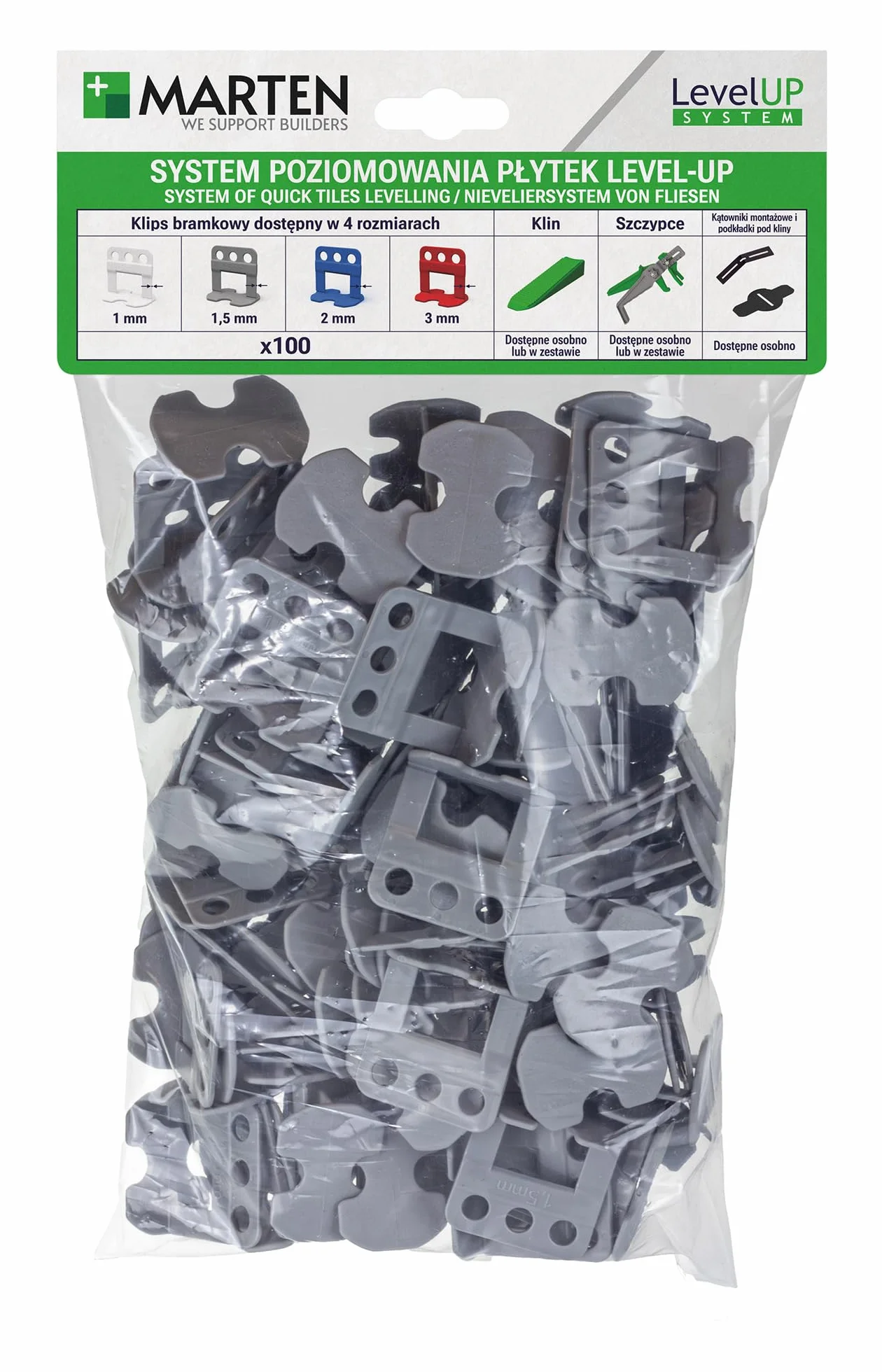 MARTEN Level UP system poziomowania płytek, zaczepy, szerokość fugi 1-3 mm, grubość płytek 5-15 mm, szczypce, kliny, 100 zaczepów 1,5 mm