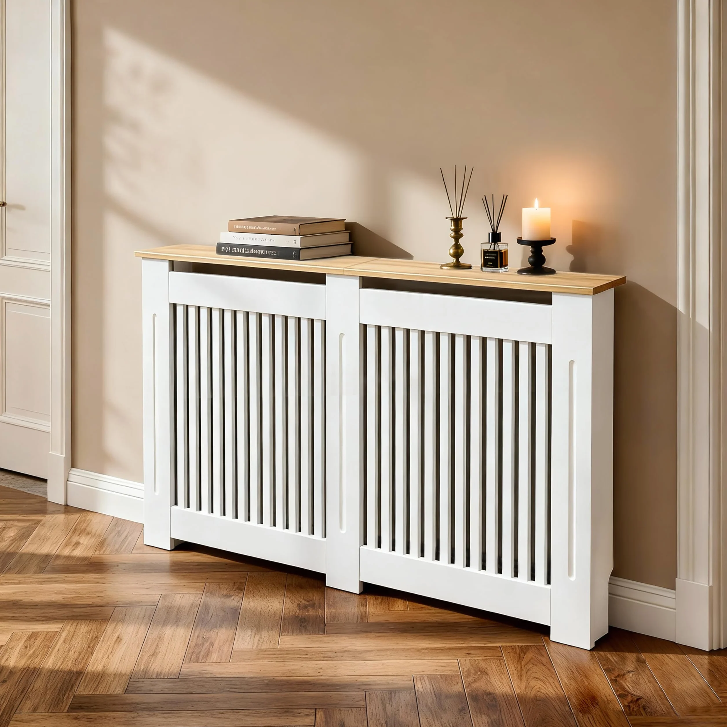 FATIVO Osłona grzejnika 152x20x92,5 cm z drewnianą półką MDF biała