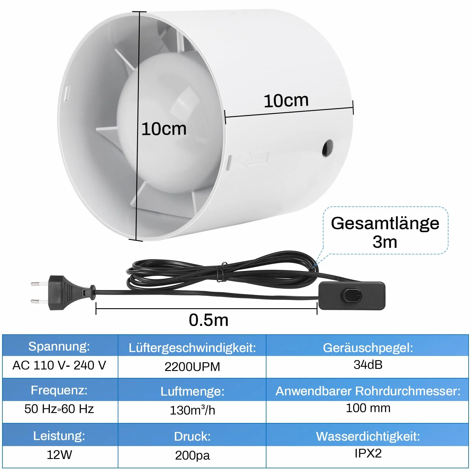 Wentylator kanałowy 100 mm 130 m³/h 2200 obr./min z zaworem zwrotnym i przewodem 3 m