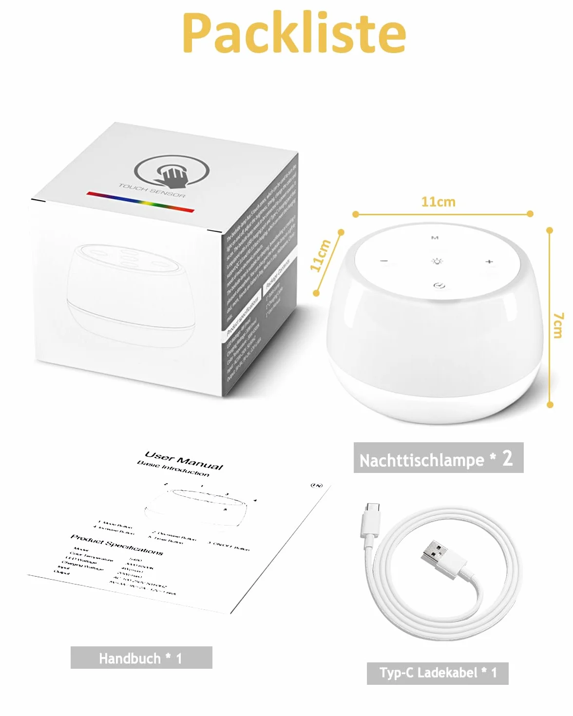 Bonsery Lampka nocna LED dotykowa ściemniana zestaw 2 szt. przenośna bezprzewodowa USB timer RGB dla dzieci