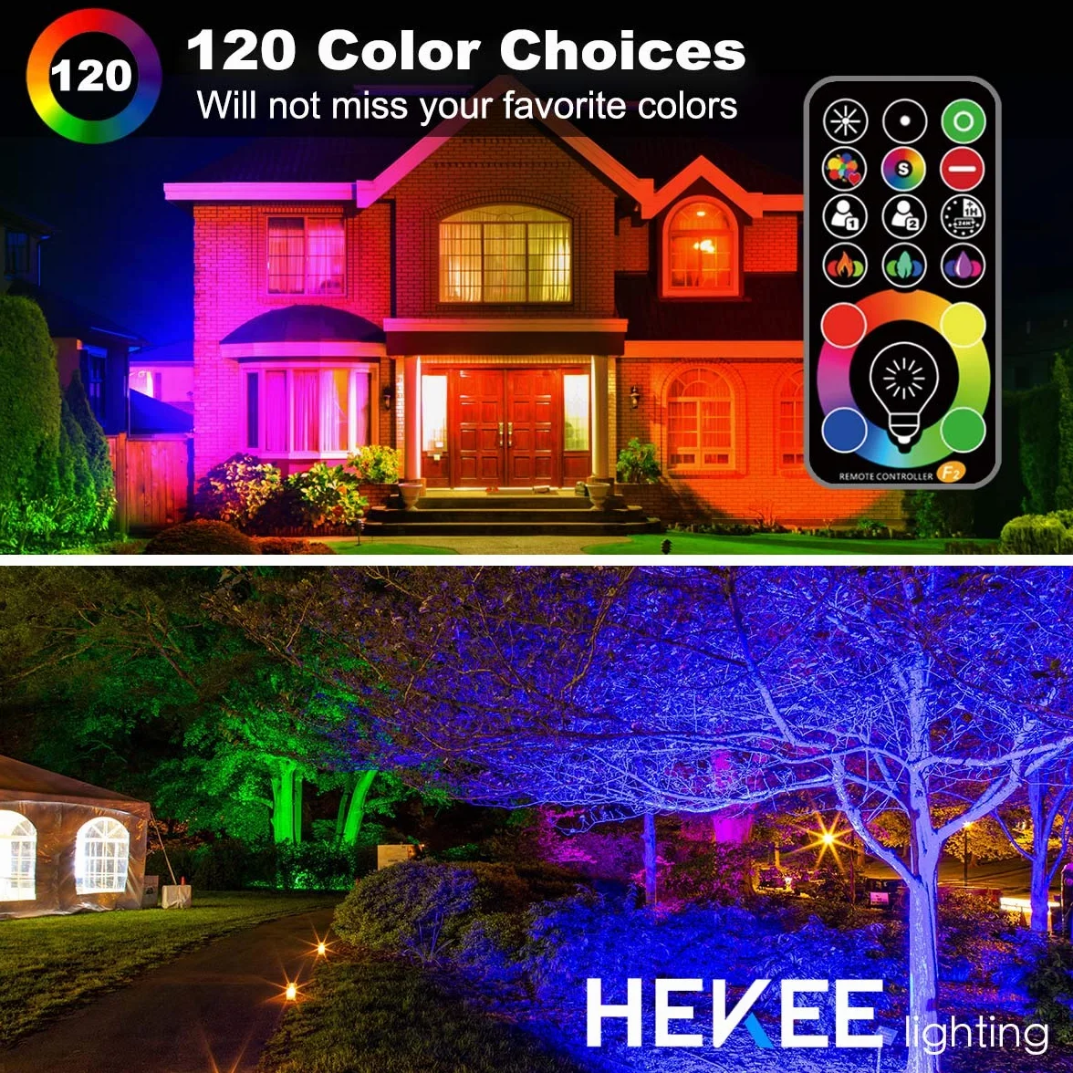 HEKEE Reflektor LED 40 W RGBW ze zmianą kolorów, 120 kolorów, timer, 4000 lumenów, IP66