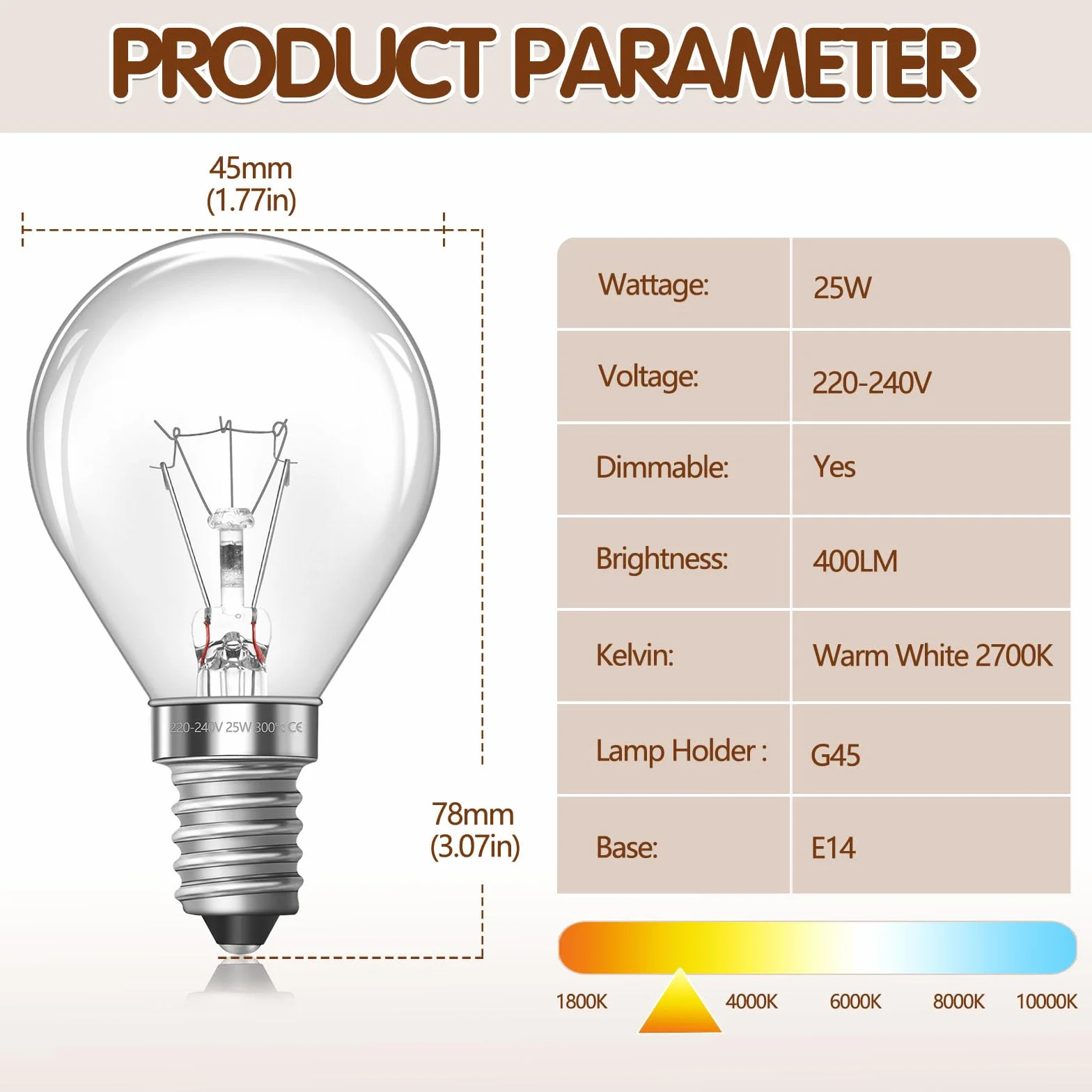 Lampa do piekarnika G45 E14, 300 stopni, żarówka E14 z możliwością ściemniania, ciepła biel 2700 K, AC 230 V, 400 lm, mała żarówka Edison Screw Bulb E14 Golf Ball Bulb do piekarników i kuchenek