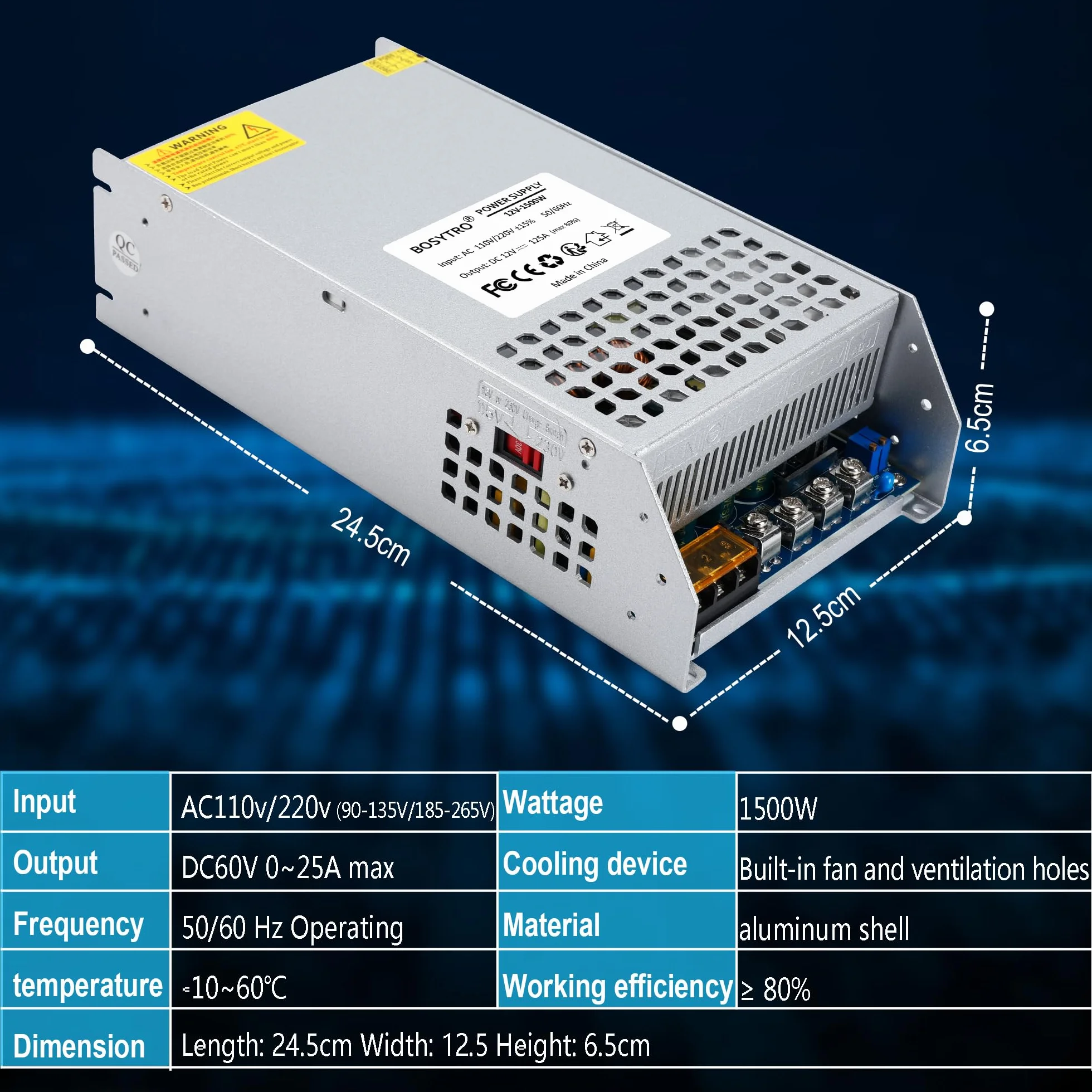 Zasilacz impulsowy BOSYTRO 12V 125A 1500W AC110/220-DC 12V