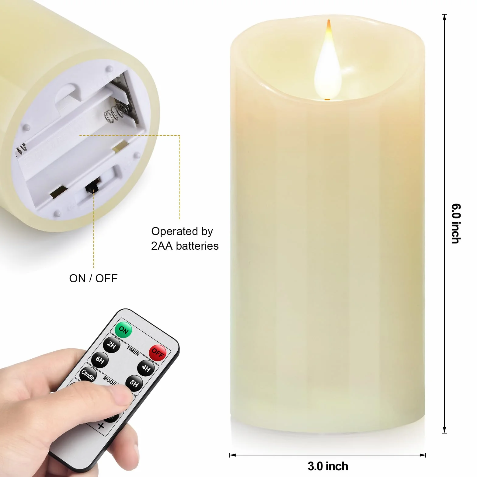 Świece LED na baterie, knot 3D, z 10 przyciskami, pilot zdalnego sterowania, 24-godzinny timer, zestaw 2 elektrycznych, migoczących filarów, prawdziwy wosk, ślub, impreza, Boże Narodzenie i