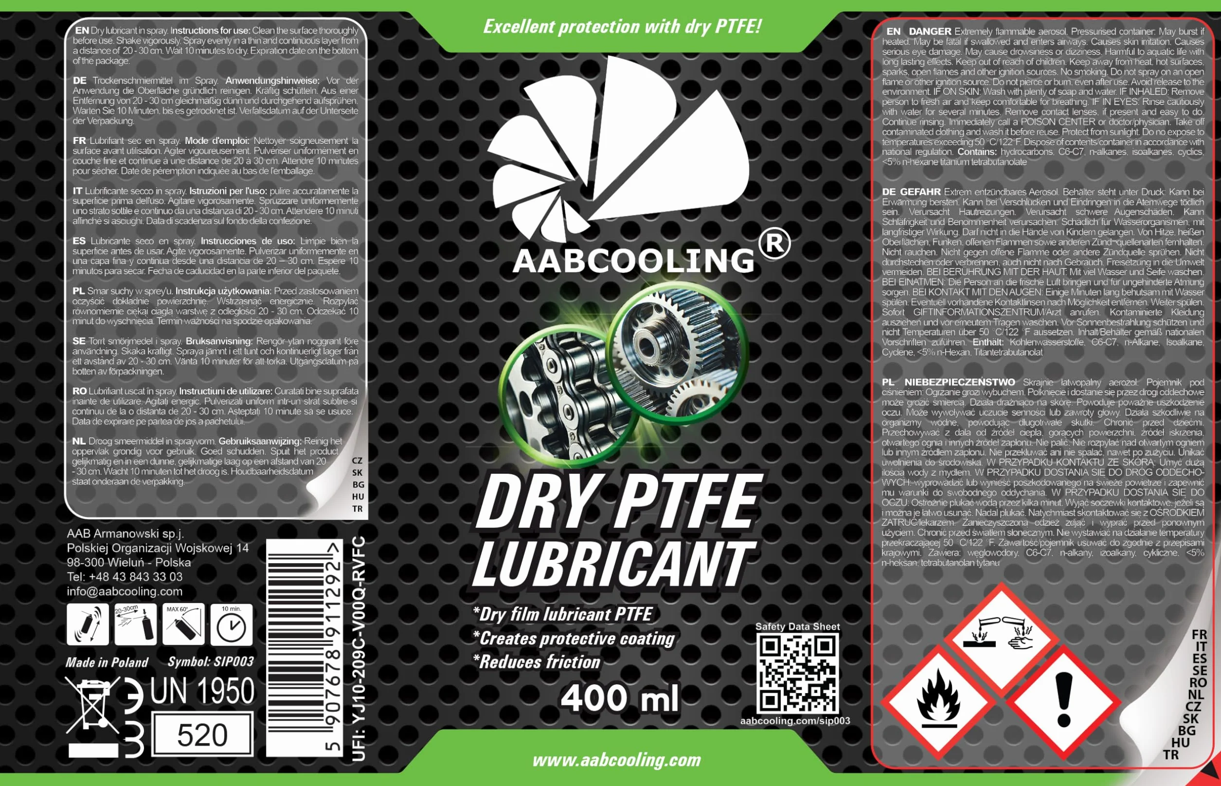 AABCOOLING Suchy Smar Teflonowy PTFE 400 ml – smar w sprayu do konserwacji roweru, łożysk, linek, kół pasowych