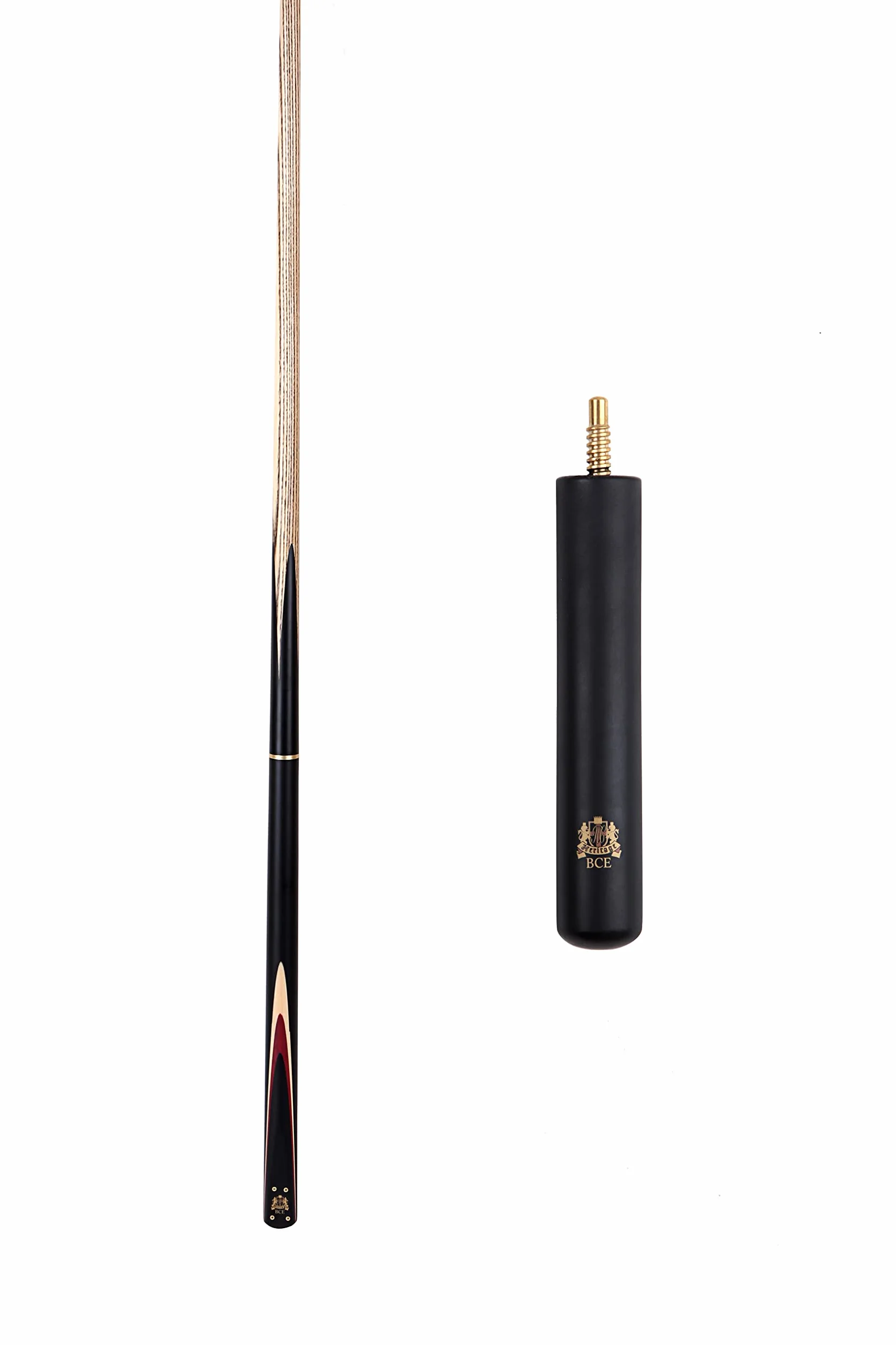 BCE Heritage Sapele Mahogany ¾ Cut Snooker Cue – końcówka 145 cm – 9,5 mm z przedłużeniem 15 cm i twardym etui + zestaw akcesoriów zawierający końcówki łosia ROS, kredę trójkątną i ręcznik Riley Cue.
