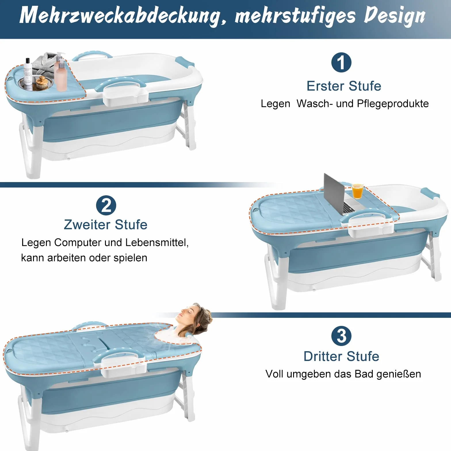 Aufun Składana wanna XL 112x62x52 cm z pokrywą rolkami masażu