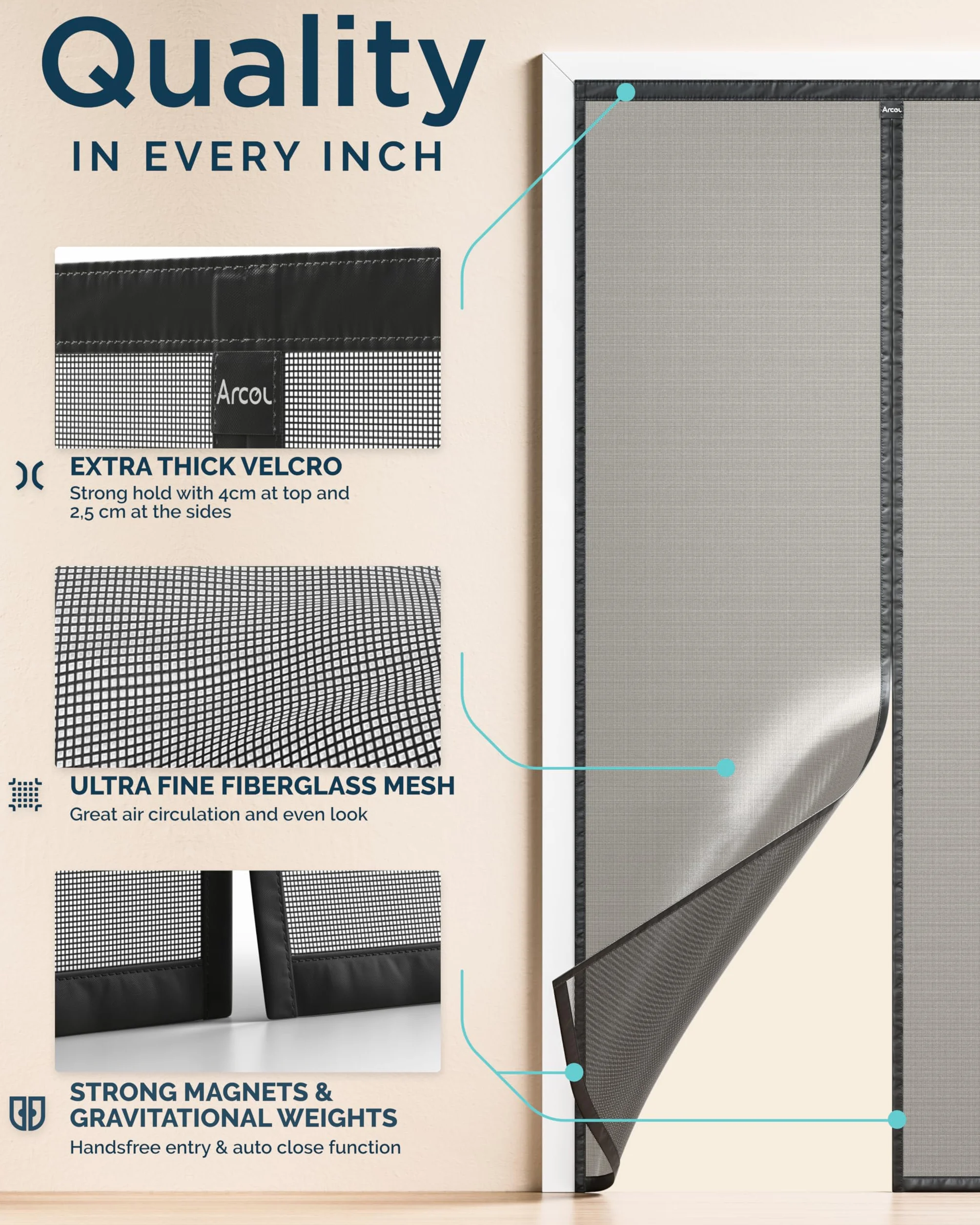 ARCOL Magnetyczna moskitiera premium 80 x 210 cm z włókna szklanego - ultracienka siatka przeciw owadom, automatyczne zamykanie magnesami