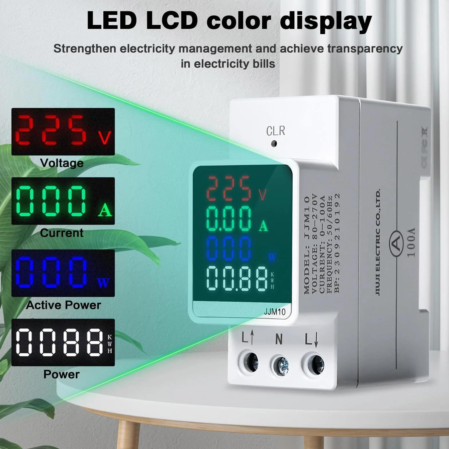 Jadeshay Licznik prądu na szynę montażową, cyfrowy jednofazowy LCD AC80-270V 100A amperomierz woltomierz KWh